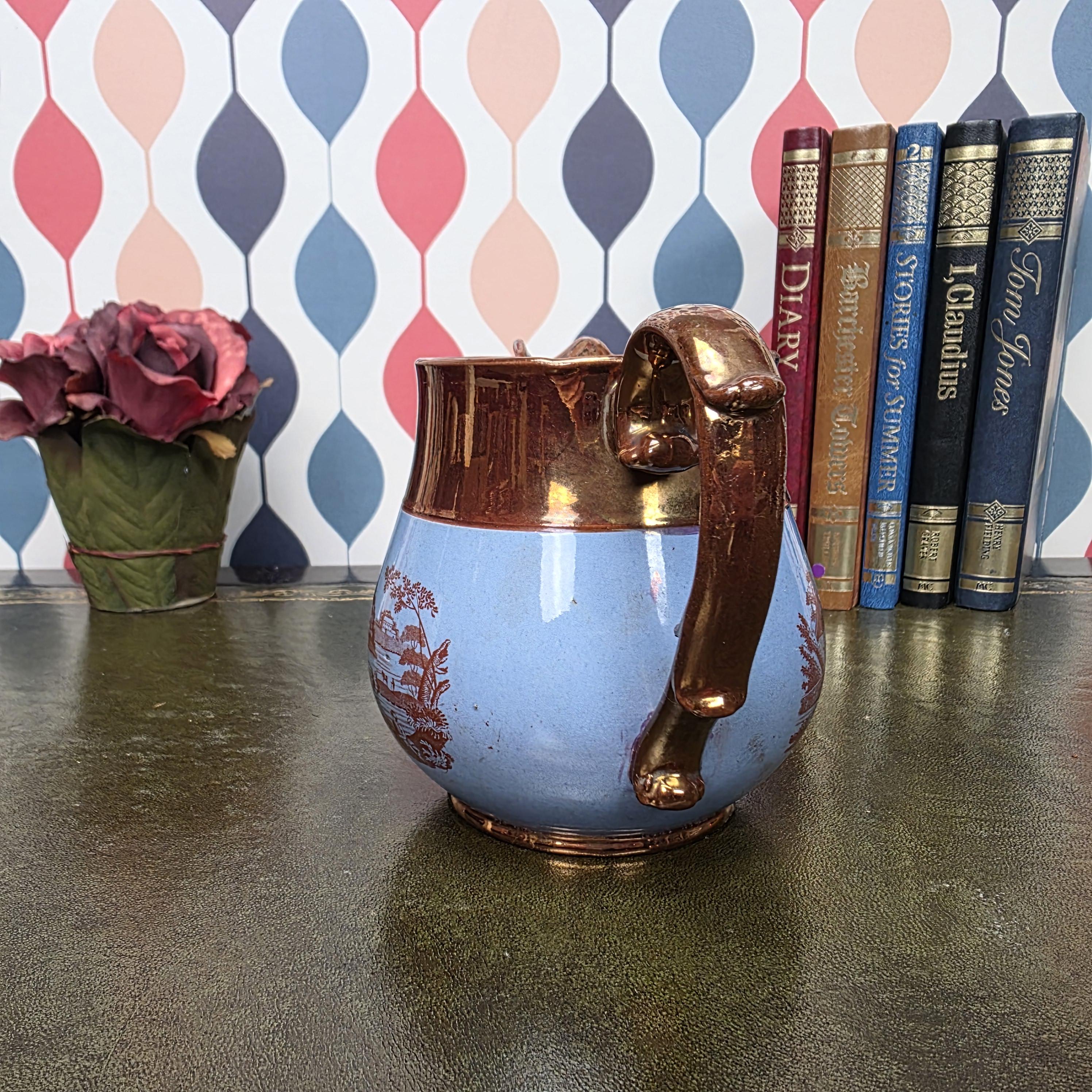 Vintage Copper Lustre Pitcher Blue Transferware Landscape Scene Ceramic Jug English Style Collectible