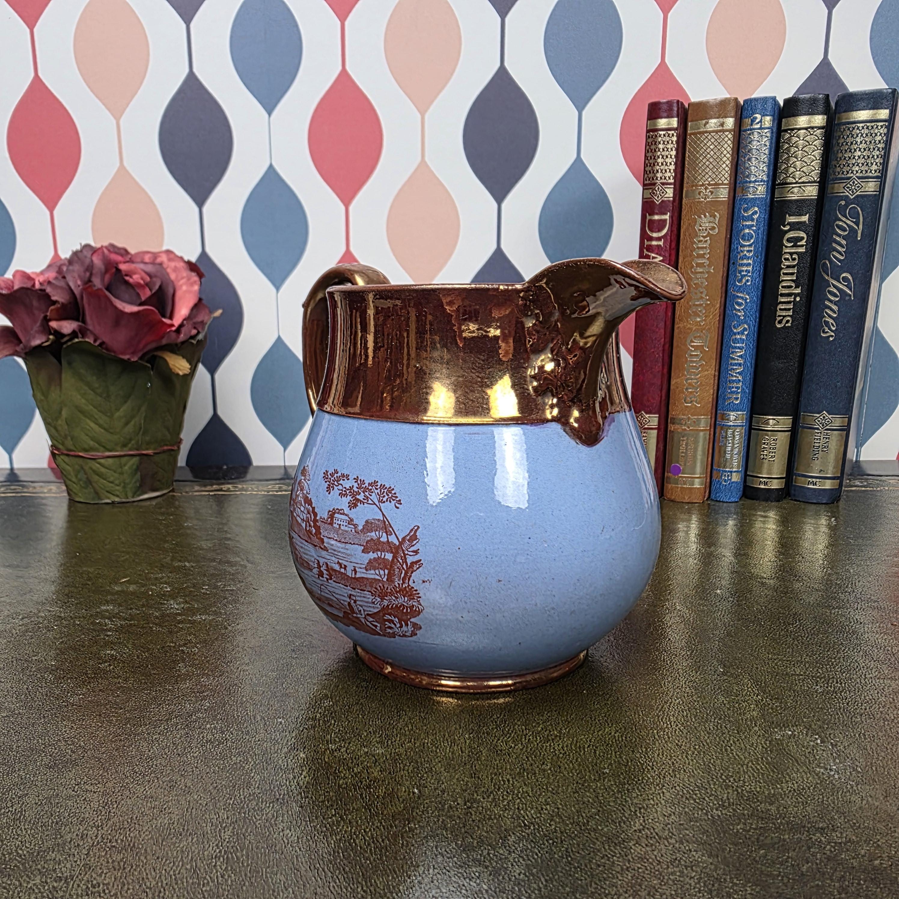 Vintage Copper Lustre Pitcher Blue Transferware Landscape Scene Ceramic Jug English Style Collectible