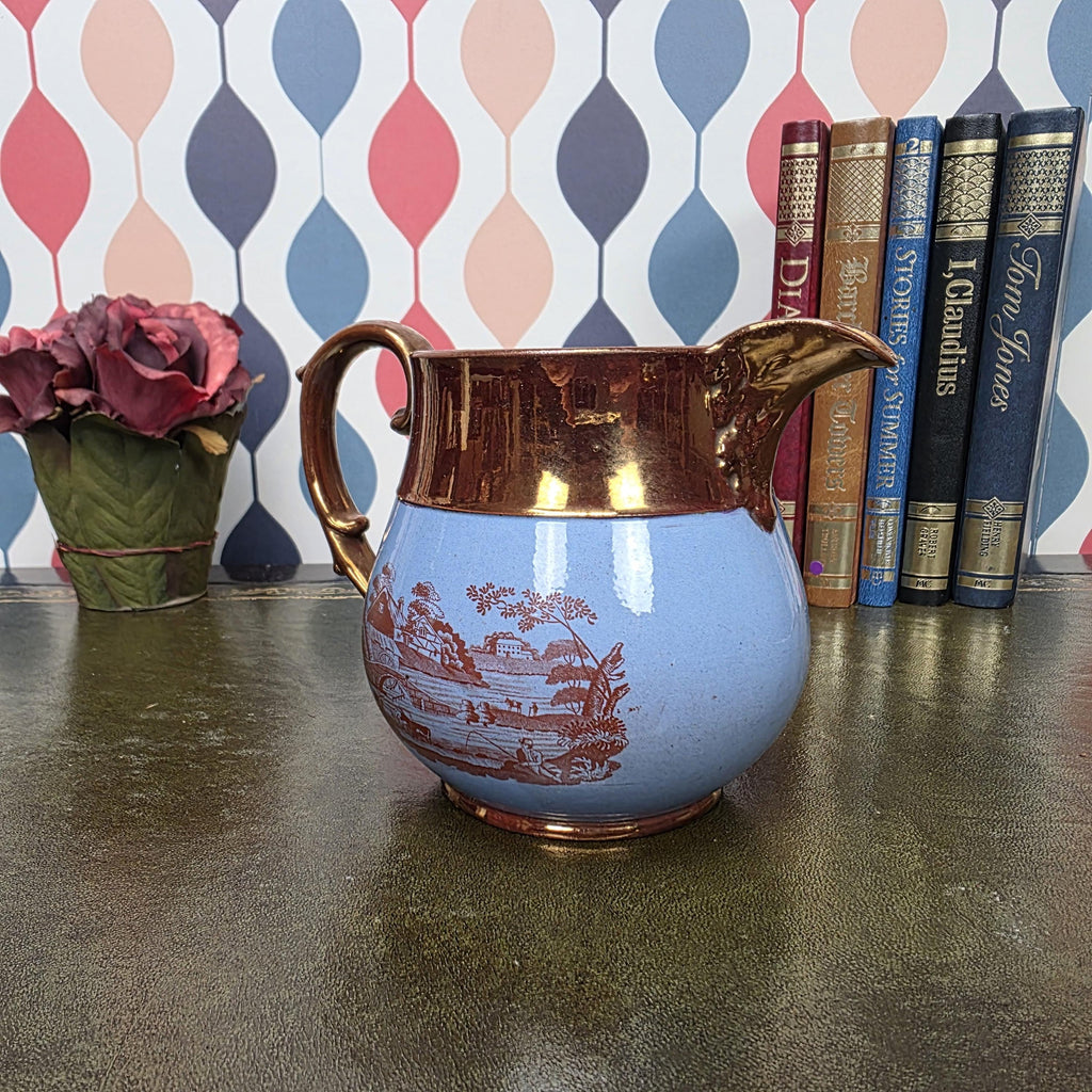 Vintage Copper Lustre Pitcher Blue Transferware Landscape Scene Ceramic Jug English Style Collectible