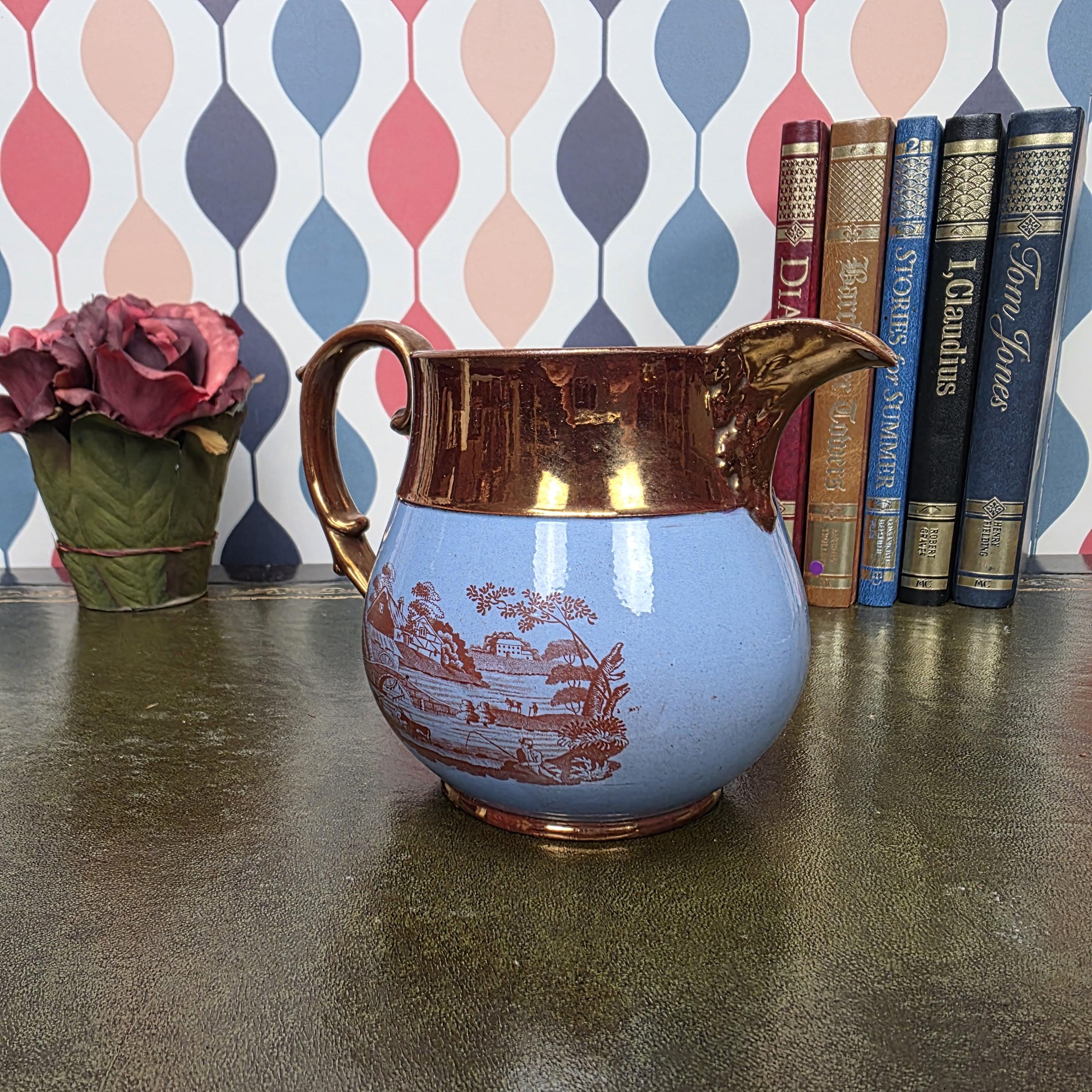Vintage Copper Lustre Pitcher Blue Transferware Landscape Scene Ceramic Jug English Style Collectible