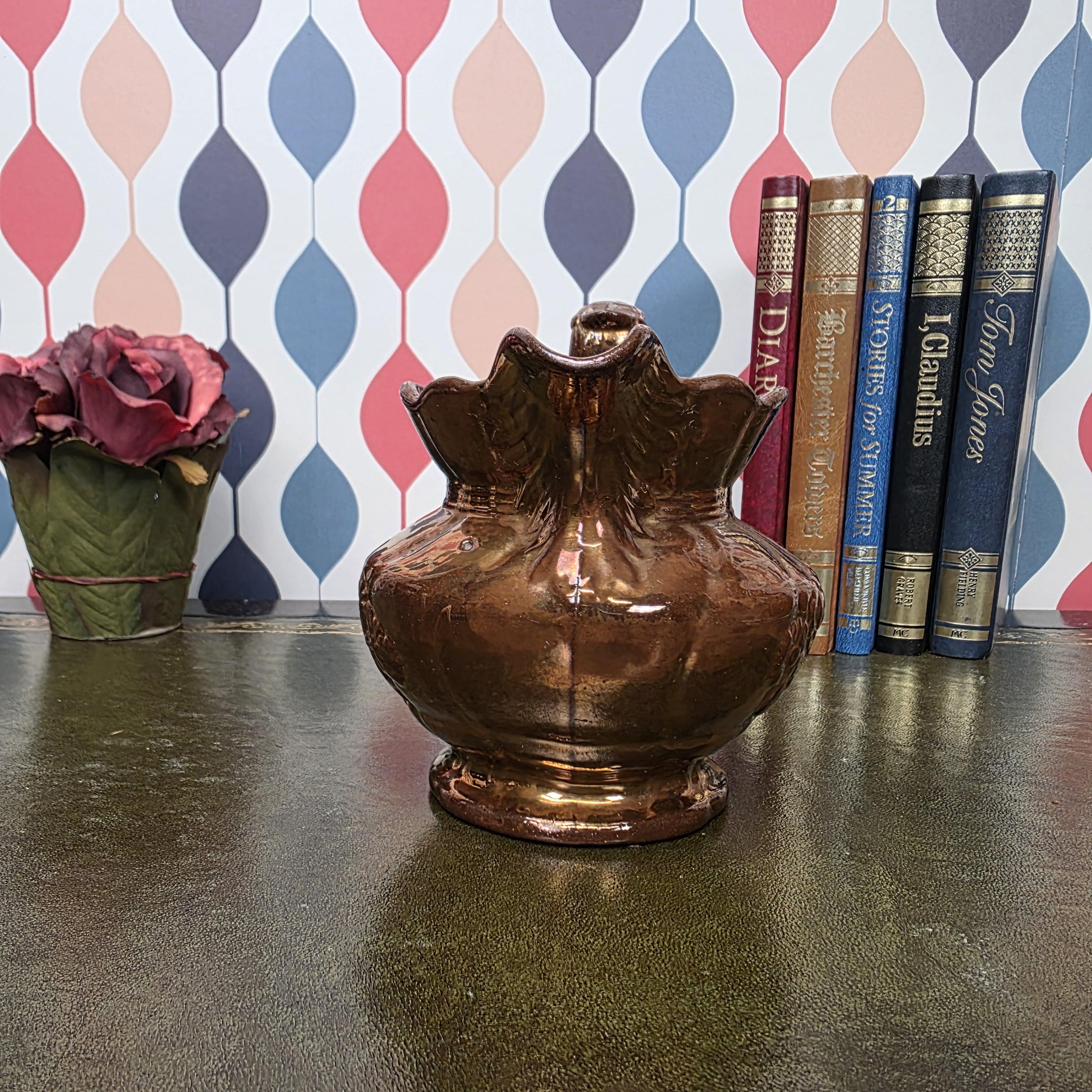 Vintage Copper Lustre Pitcher Embossed Floral Ceramic Jug Antique Style Decorative Collectible Rustic Farmhouse