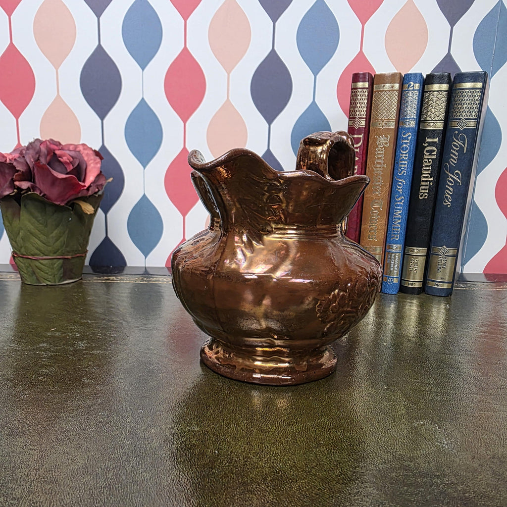 Vintage Copper Lustre Pitcher Embossed Floral Ceramic Jug Antique Style Decorative Collectible Rustic Farmhouse