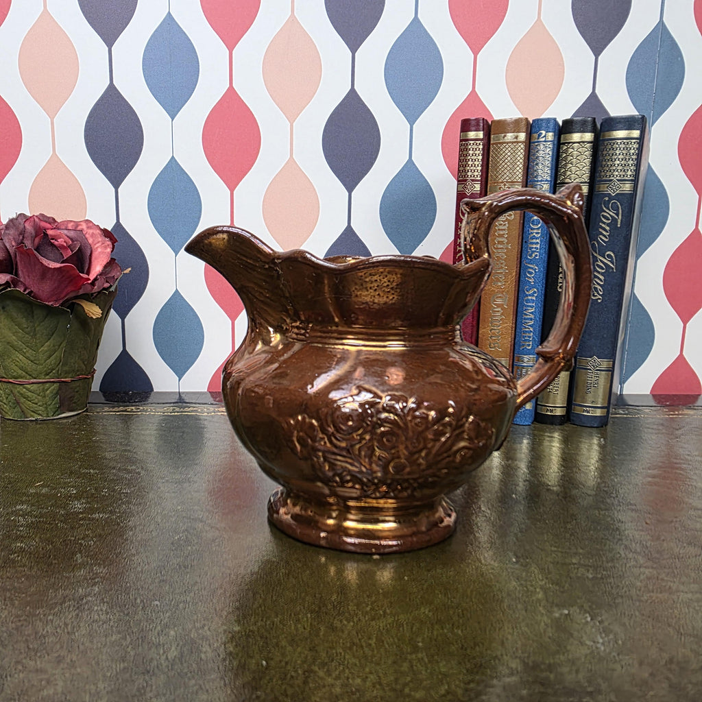 Vintage Copper Lustre Pitcher Embossed Floral Ceramic Jug Antique Style Decorative Collectible Rustic Farmhouse