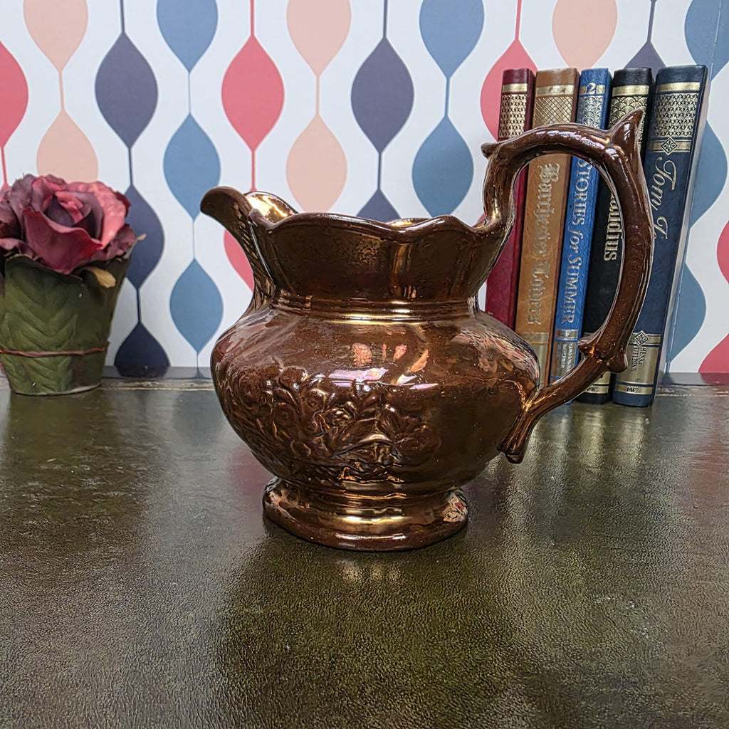 Vintage Copper Lustre Pitcher Embossed Floral Ceramic Jug Antique Style Decorative Collectible Rustic Farmhouse