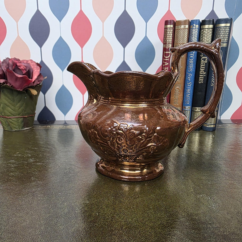 Vintage Copper Lustre Pitcher Embossed Floral Ceramic Jug Antique Style Decorative Collectible Rustic Farmhouse