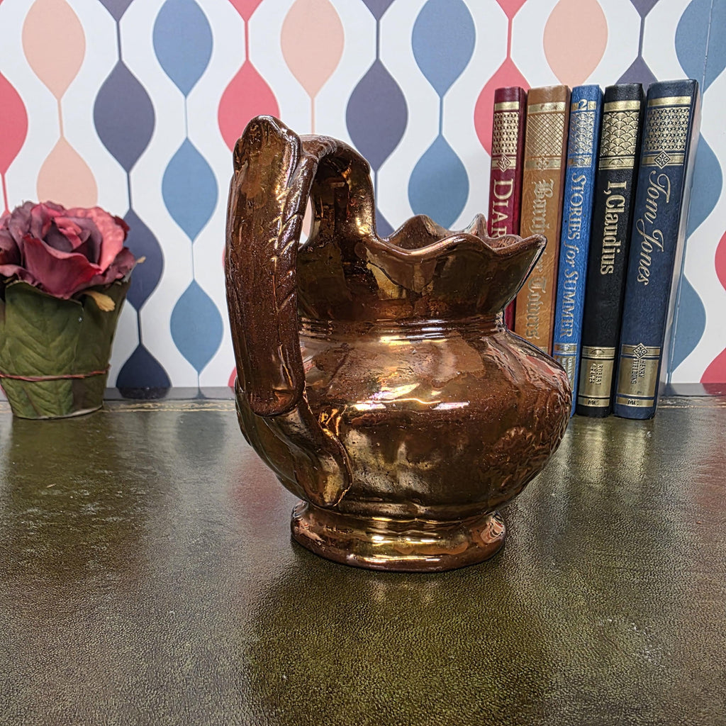 Vintage Copper Lustre Pitcher Embossed Floral Ceramic Jug Antique Style Decorative Collectible Rustic Farmhouse
