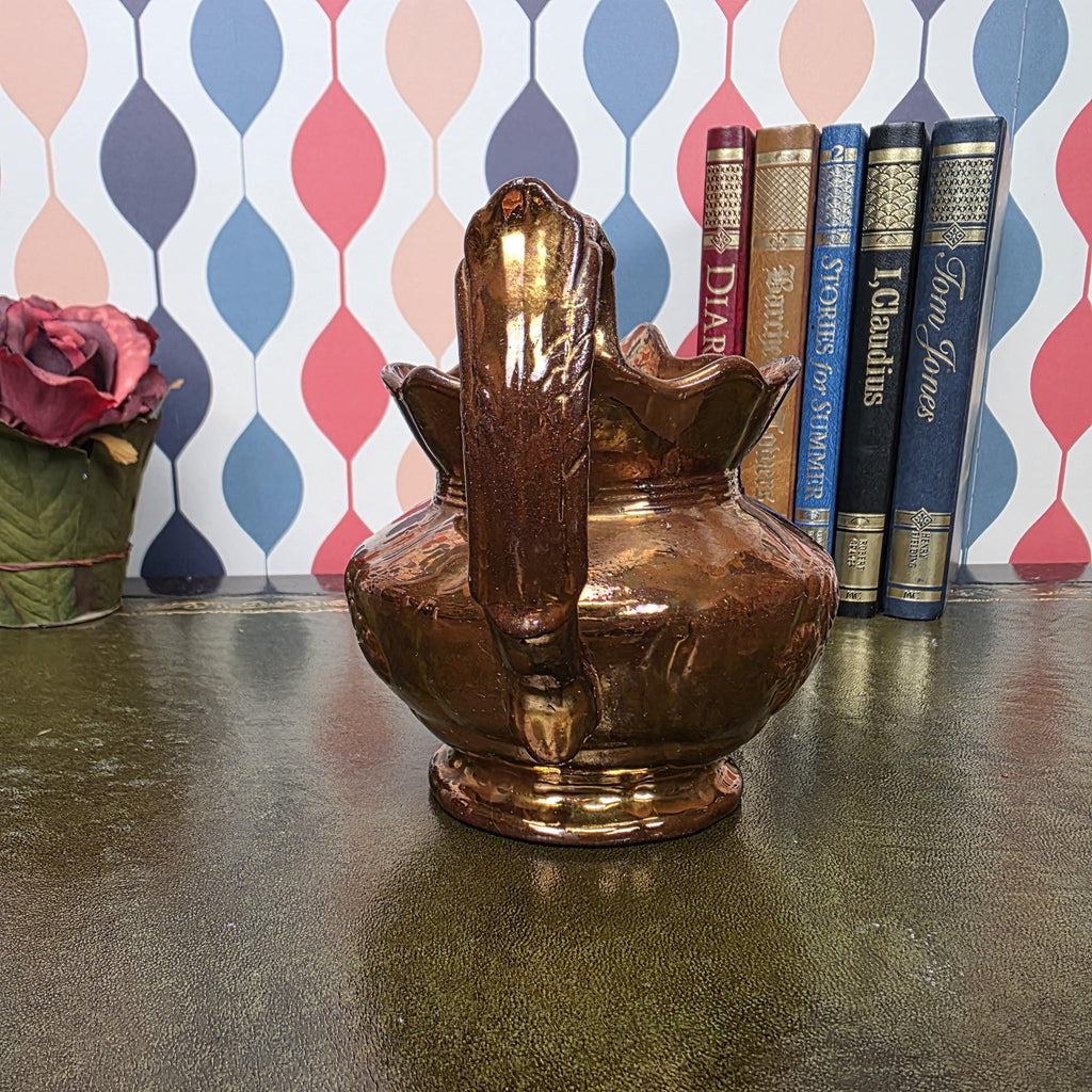 Vintage Copper Lustre Pitcher Embossed Floral Ceramic Jug Antique Style Decorative Collectible Rustic Farmhouse