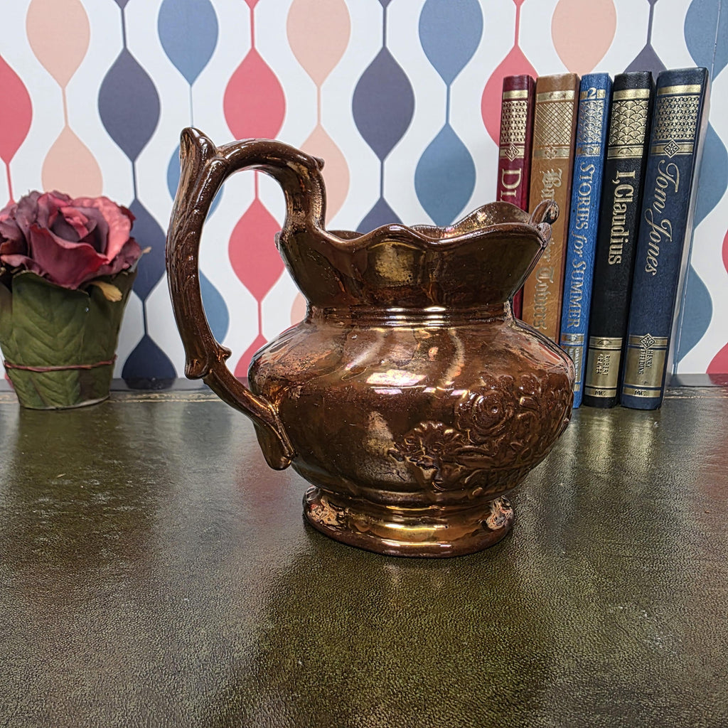 Vintage Copper Lustre Pitcher Embossed Floral Ceramic Jug Antique Style Decorative Collectible Rustic Farmhouse