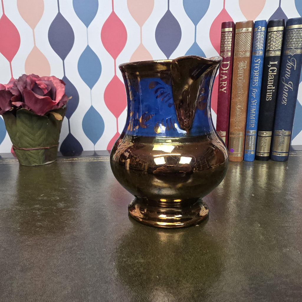 Vintage Copper Lustre Pitcher Blue Band Ceramic Jug Victorian Style Decorative Collectible Cobalt Accent