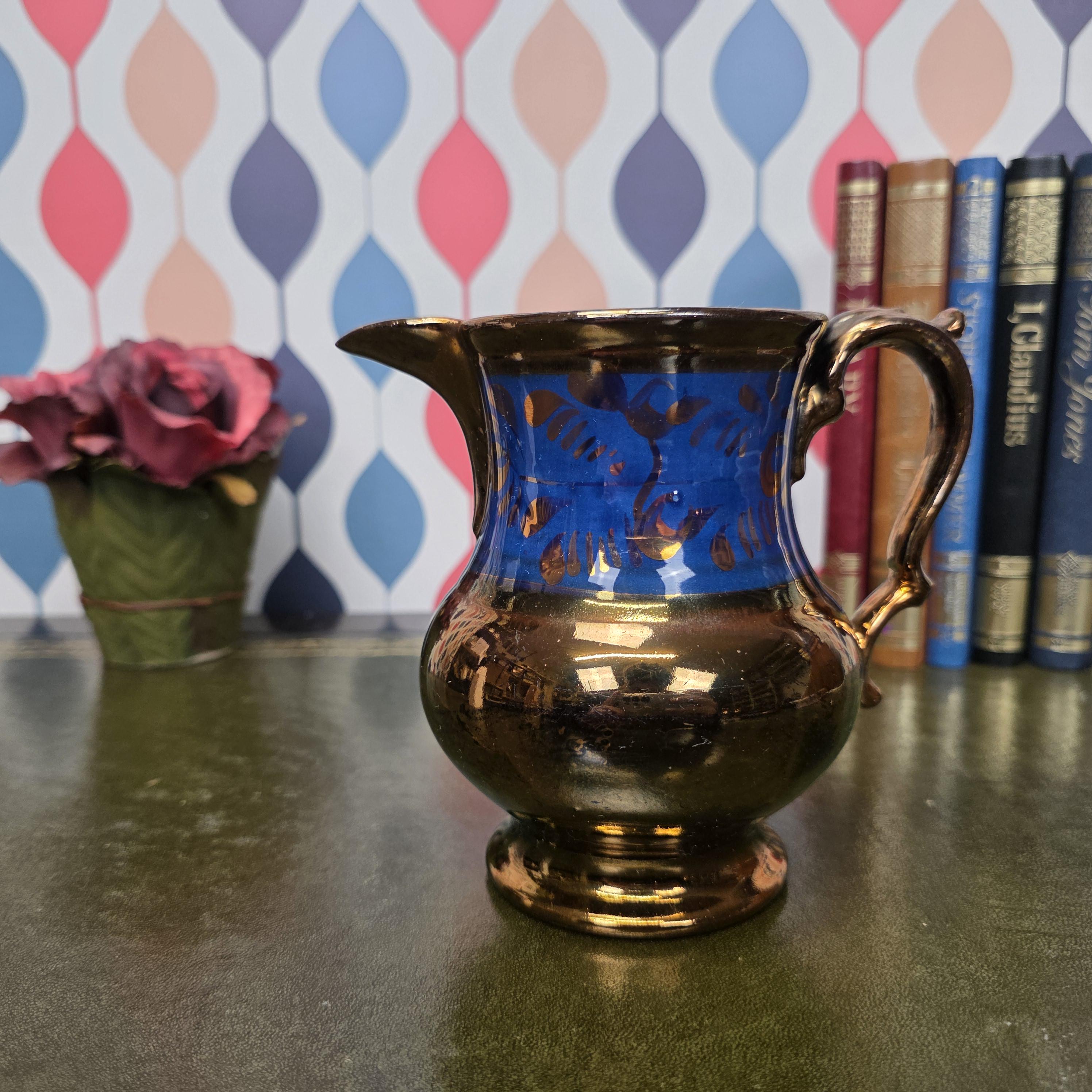 Vintage Copper Lustre Pitcher Blue Band Ceramic Jug Victorian Style Decorative Collectible Cobalt Accent