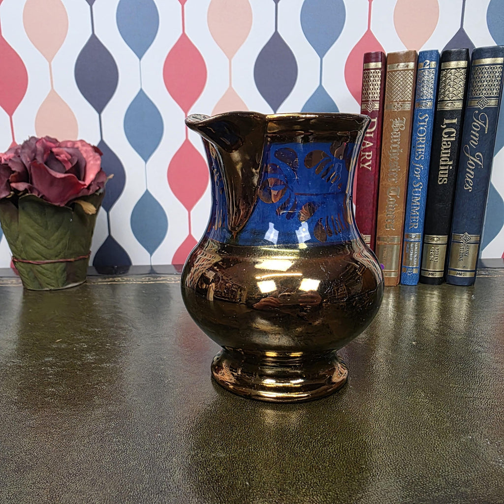 Vintage Copper Lustre Pitcher Blue Band Ceramic Jug Victorian Style Decorative Collectible Cobalt Accent