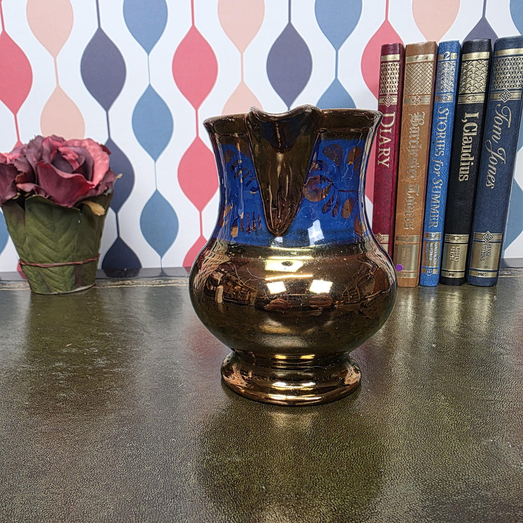 Vintage Copper Lustre Pitcher Blue Band Ceramic Jug Victorian Style Decorative Collectible Cobalt Accent