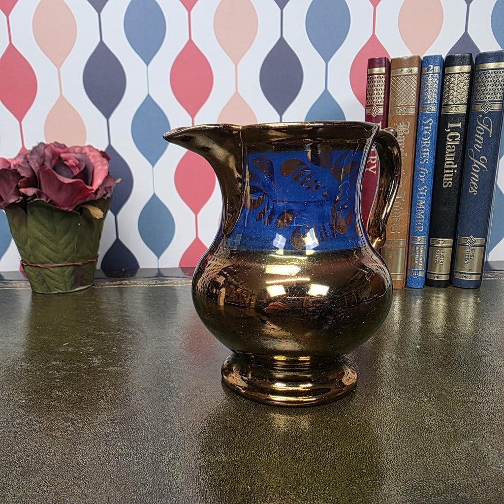 Vintage Copper Lustre Pitcher Blue Band Ceramic Jug Victorian Style Decorative Collectible Cobalt Accent