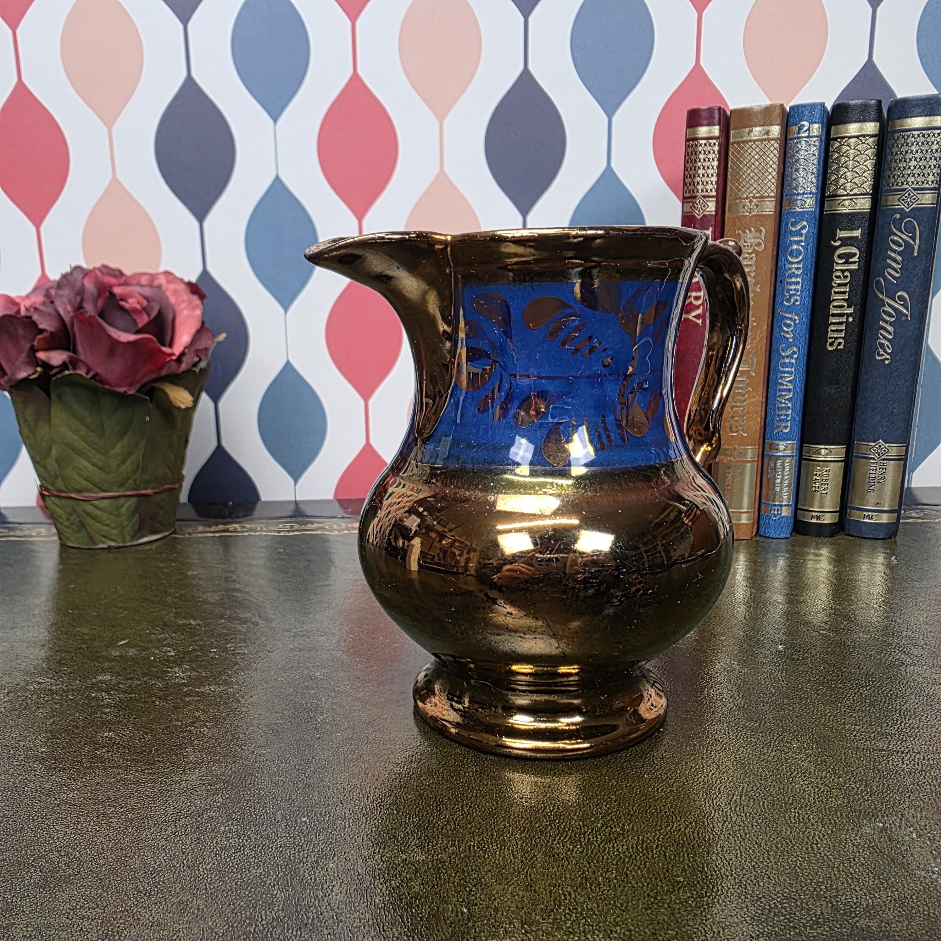 Vintage Copper Lustre Pitcher Blue Band Ceramic Jug Victorian Style Decorative Collectible Cobalt Accent
