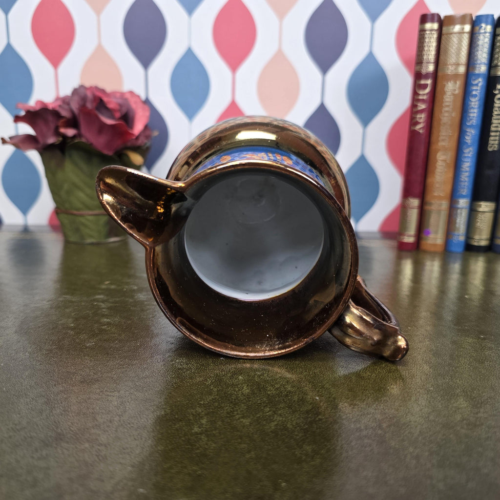 Vintage Copper Lustre Pitcher Blue Band Ceramic Jug Victorian Style Decorative Collectible Cobalt Accent