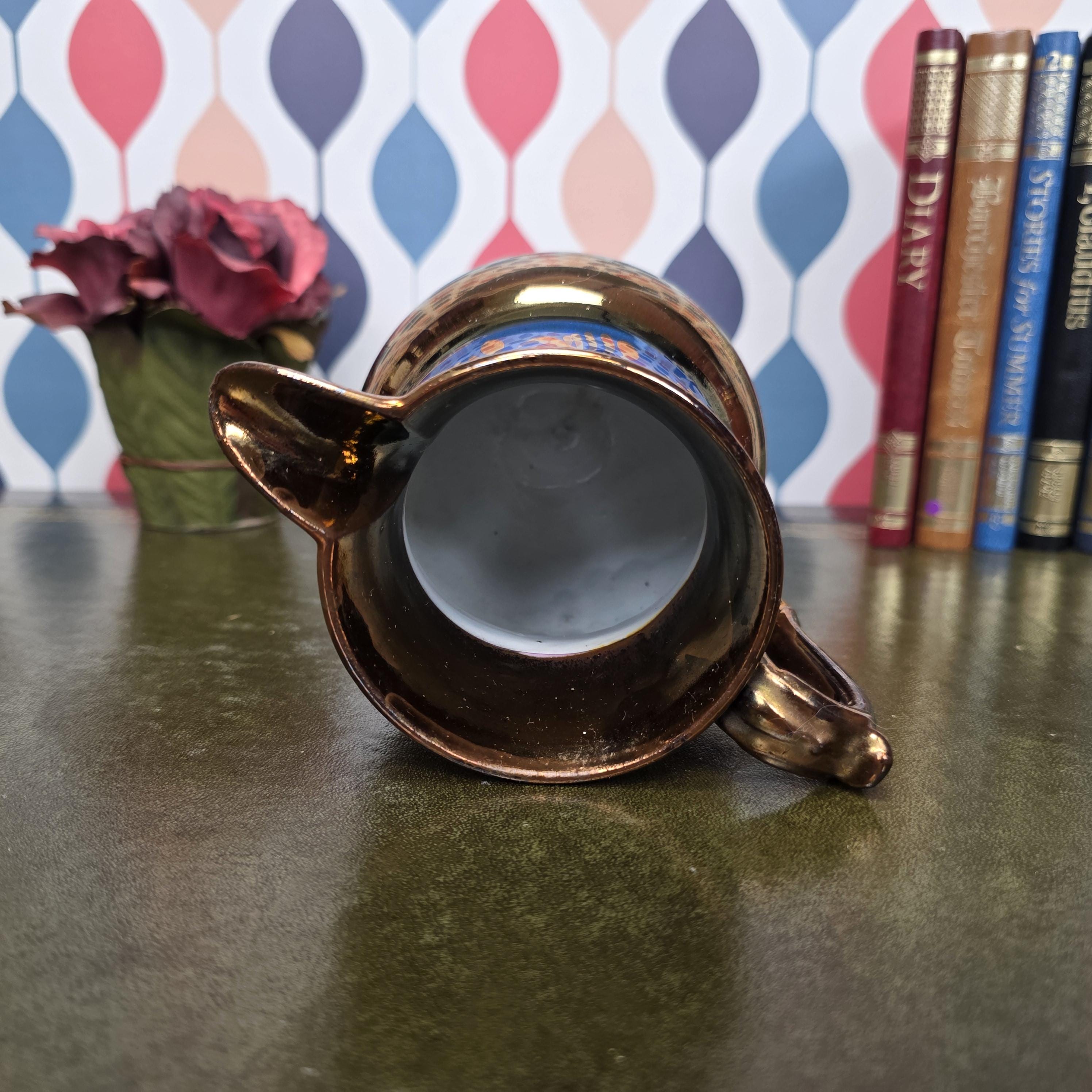 Vintage Copper Lustre Pitcher Blue Band Ceramic Jug Victorian Style Decorative Collectible Cobalt Accent