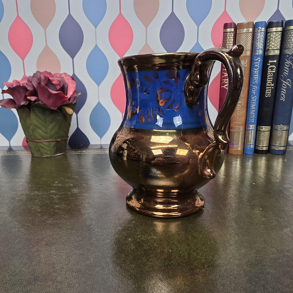 Vintage Copper Lustre Pitcher Blue Band Ceramic Jug Victorian Style Decorative Collectible Cobalt Accent
