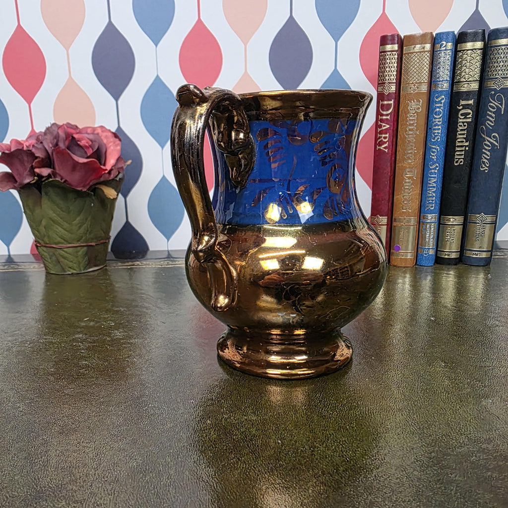 Vintage Copper Lustre Pitcher Blue Band Ceramic Jug Victorian Style Decorative Collectible Cobalt Accent