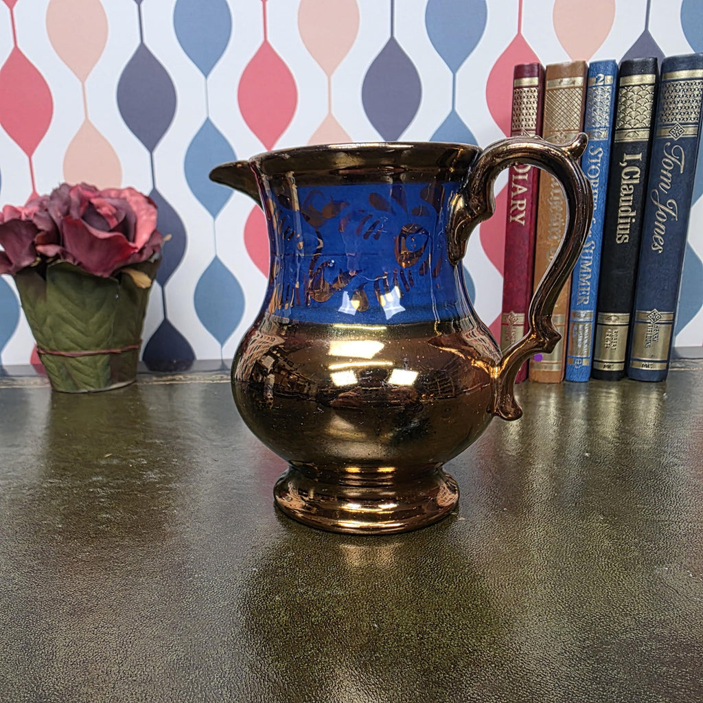 Vintage Copper Lustre Pitcher Blue Band Ceramic Jug Victorian Style Decorative Collectible Cobalt Accent