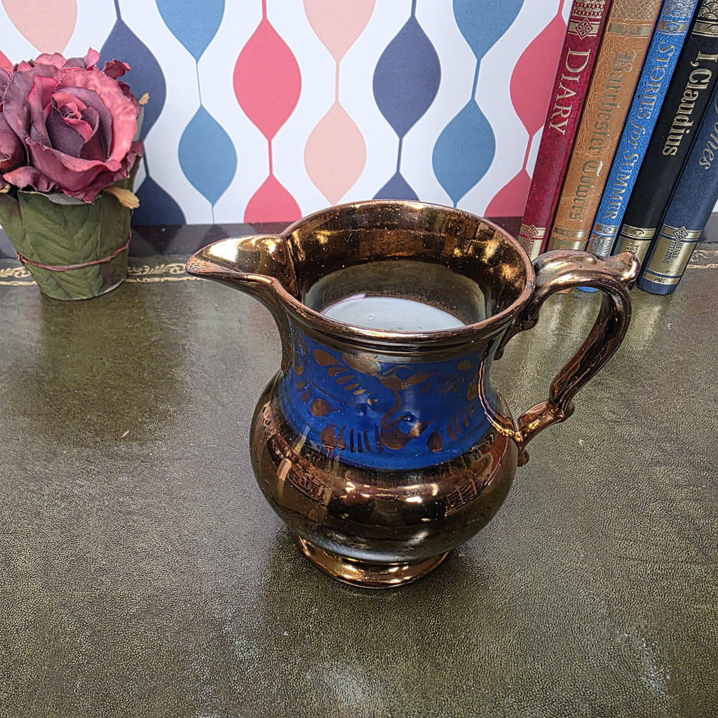 Vintage Copper Lustre Pitcher Blue Band Ceramic Jug Victorian Style Decorative Collectible Cobalt Accent