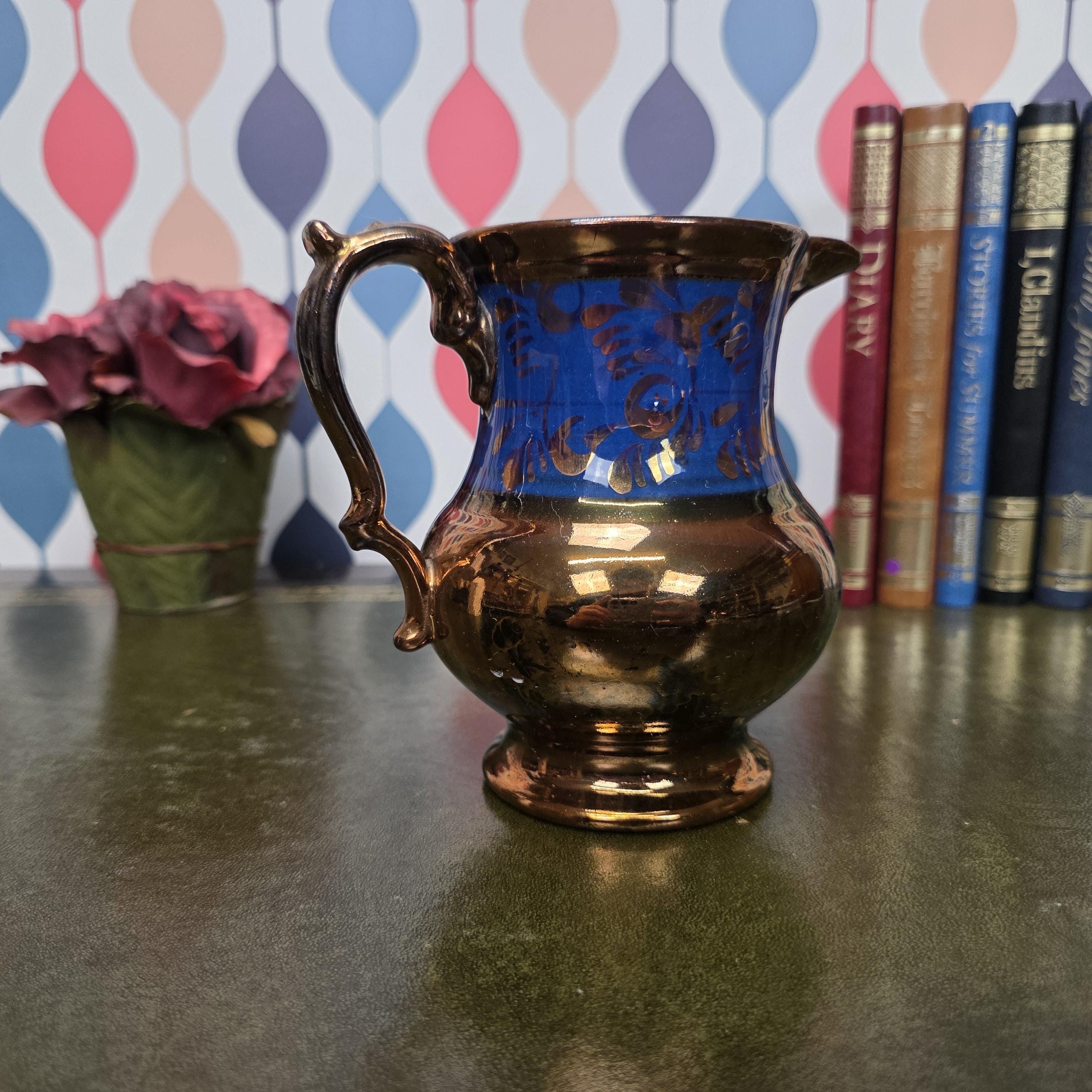Vintage Copper Lustre Pitcher Blue Band Ceramic Jug Victorian Style Decorative Collectible Cobalt Accent