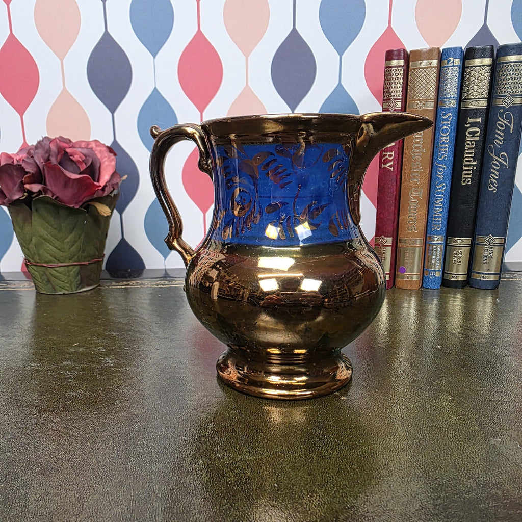 Vintage Copper Lustre Pitcher Blue Band Ceramic Jug Victorian Style Decorative Collectible Cobalt Accent