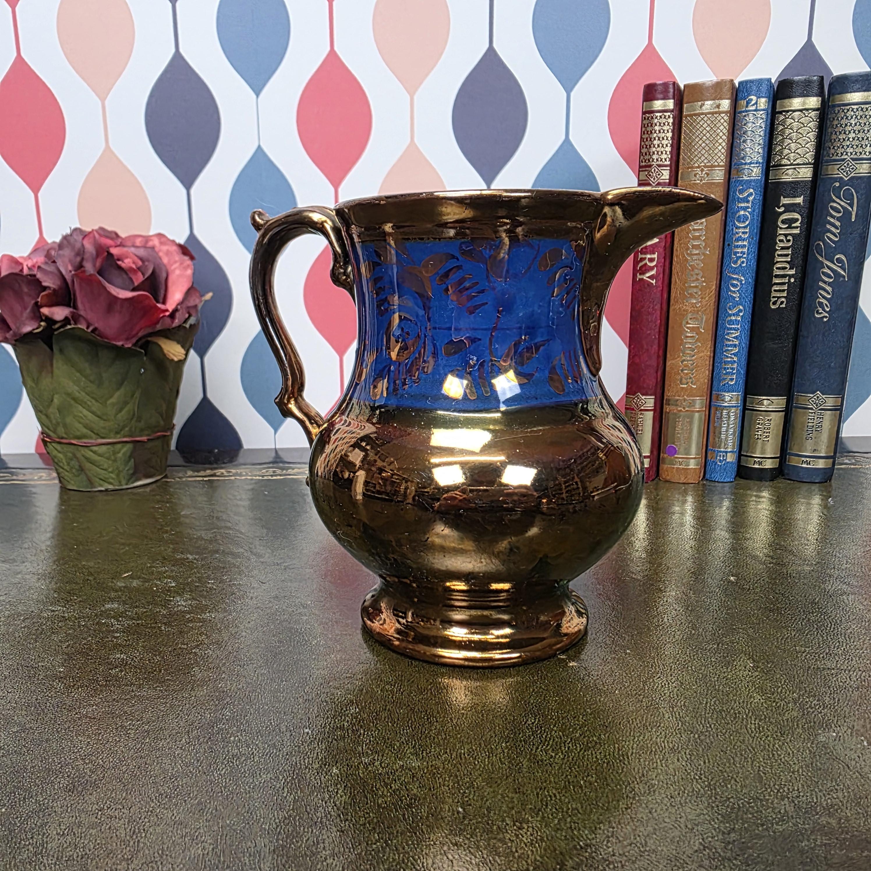 Vintage Copper Lustre Pitcher Blue Band Ceramic Jug Victorian Style Decorative Collectible Cobalt Accent