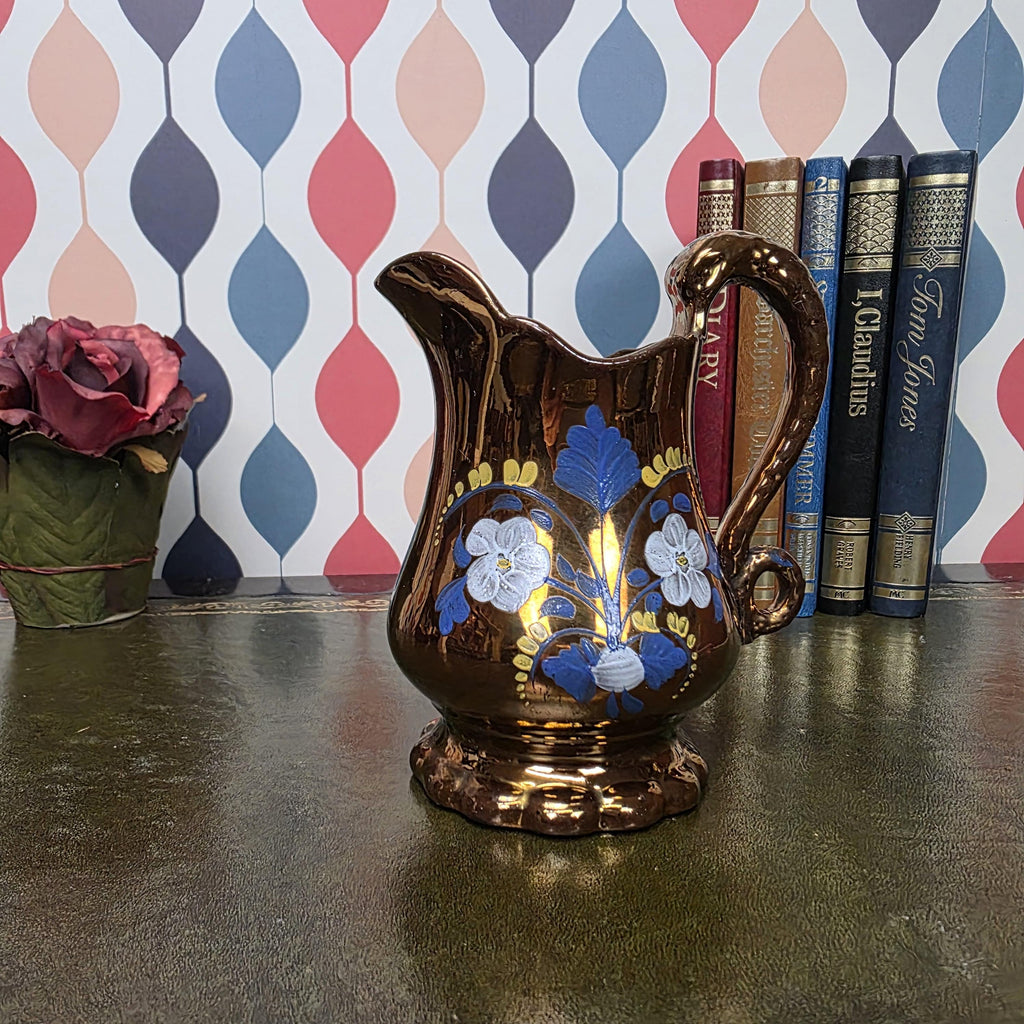 Copper Lustre Floral Pitcher Vintage Ceramic Jug Hand Painted Folk Art Cottage Decor Collectible