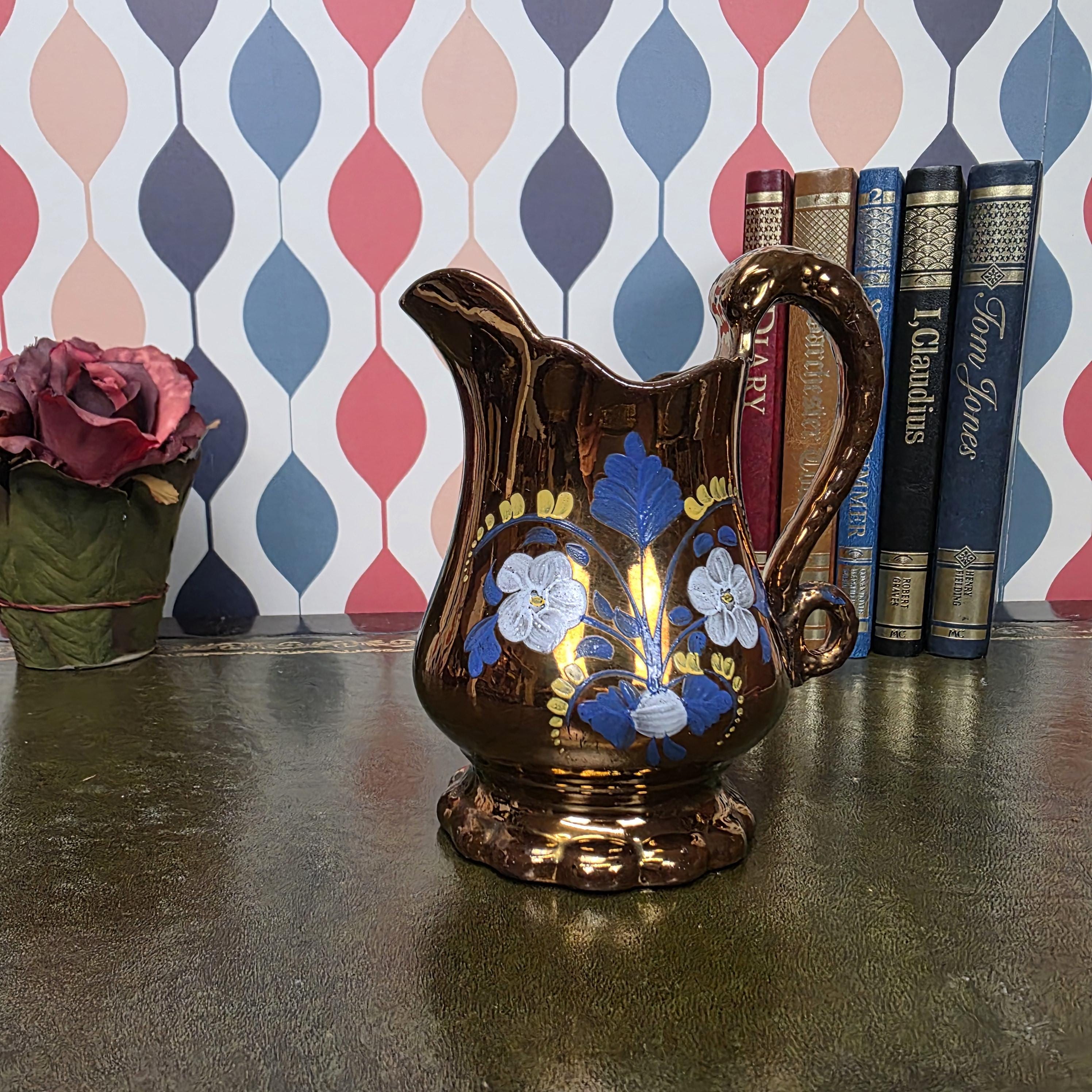 Copper Lustre Floral Pitcher Vintage Ceramic Jug Hand Painted Folk Art Cottage Decor Collectible