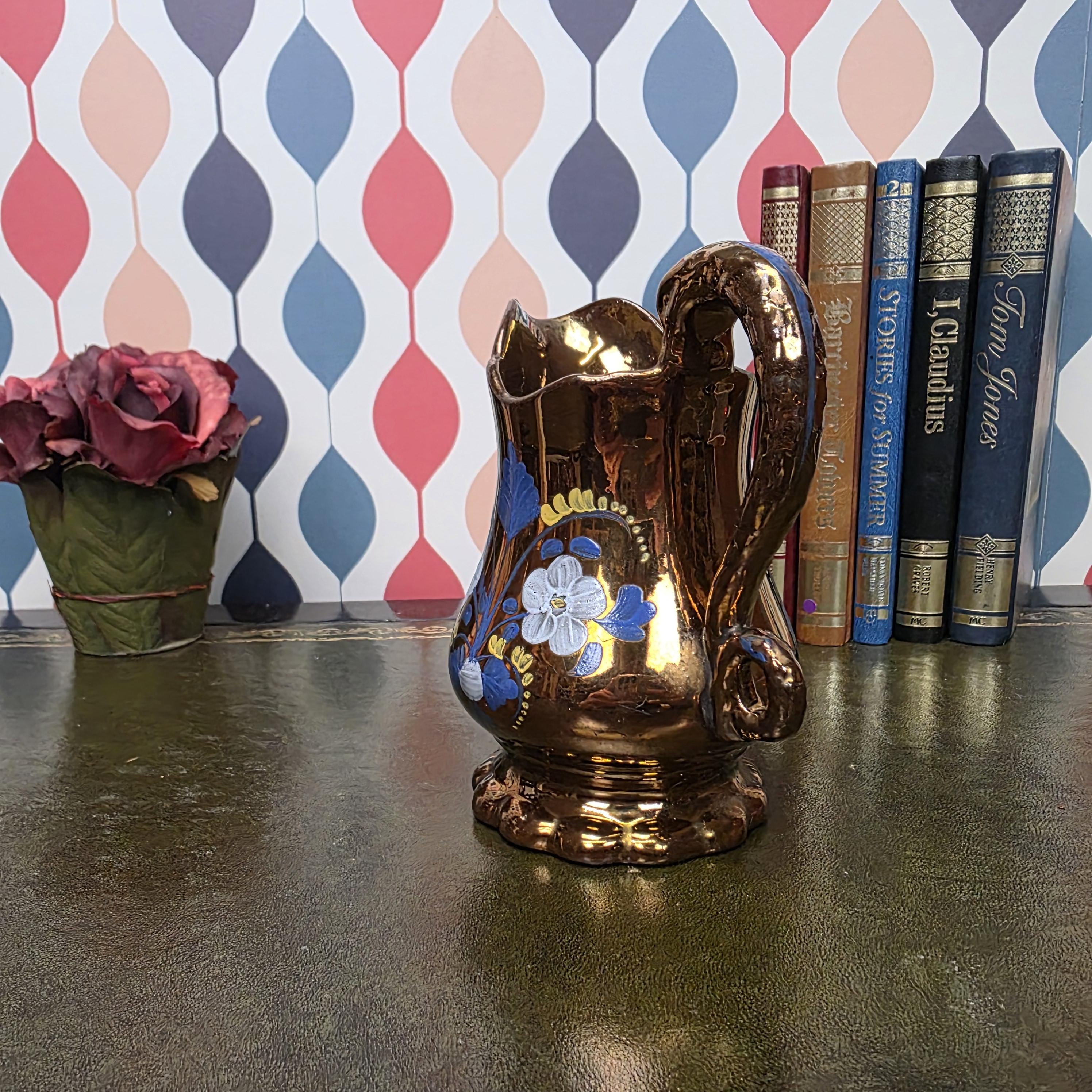 Copper Lustre Floral Pitcher Vintage Ceramic Jug Hand Painted Folk Art Cottage Decor Collectible