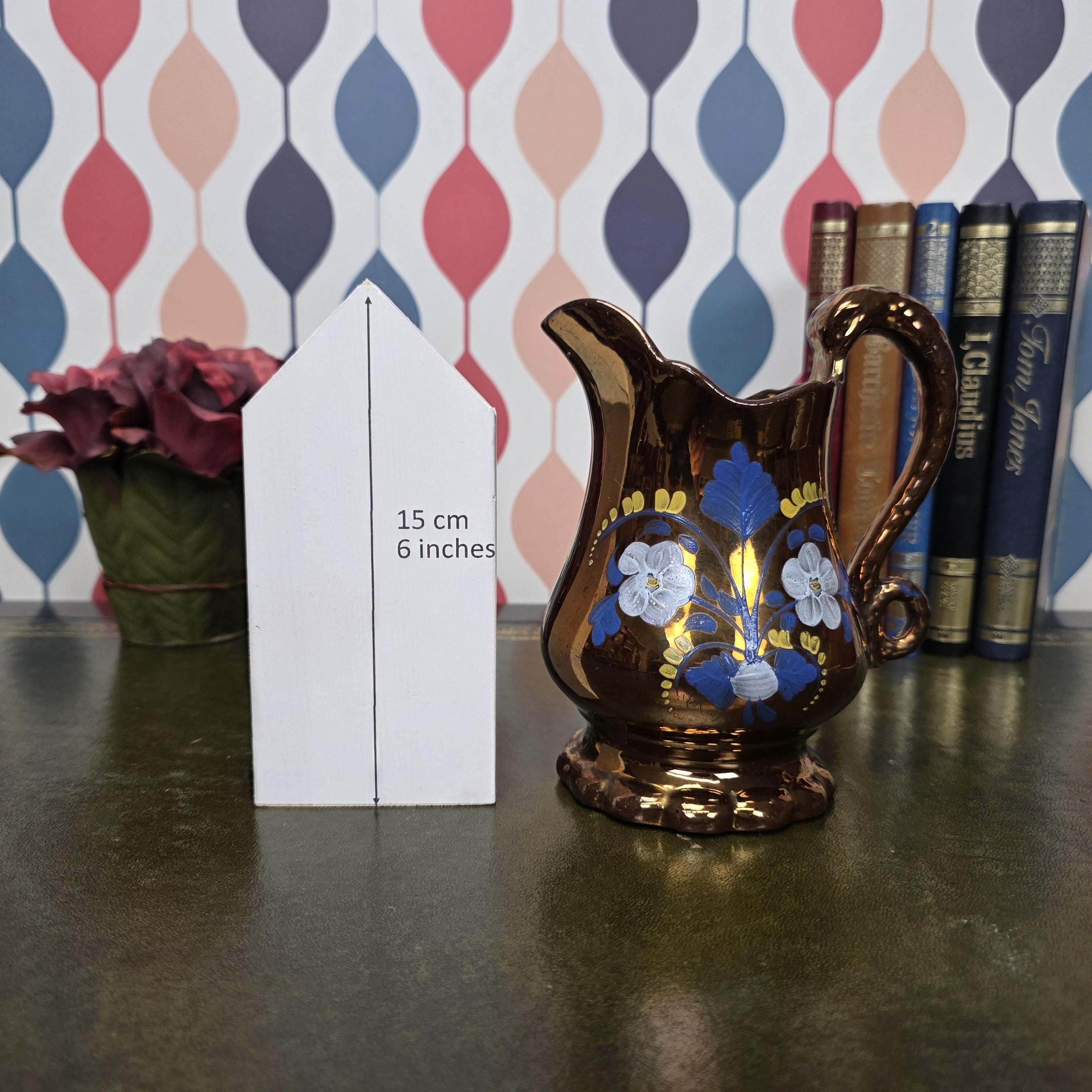 Copper Lustre Floral Pitcher Vintage Ceramic Jug Hand Painted Folk Art Cottage Decor Collectible