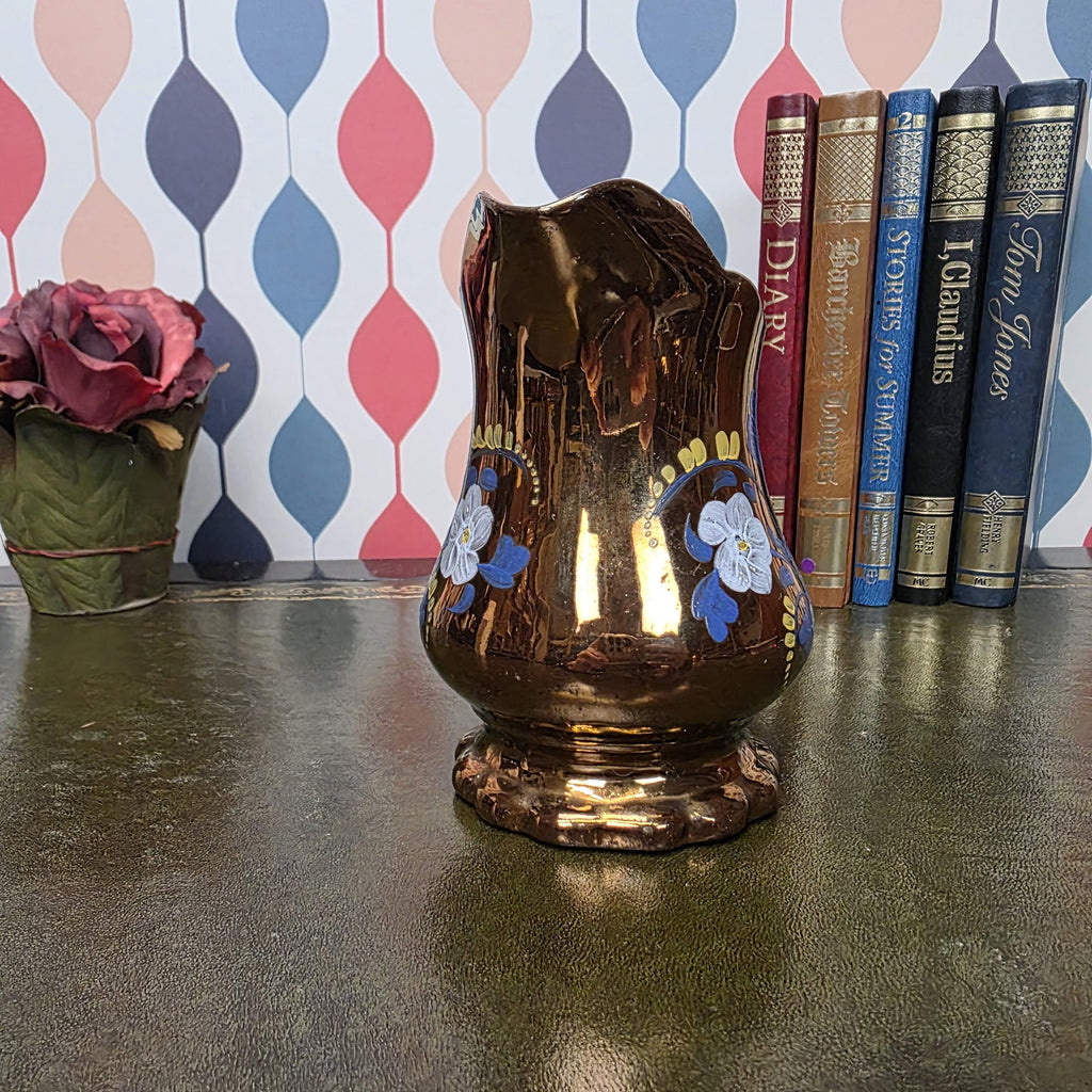 Copper Lustre Floral Pitcher Vintage Ceramic Jug Hand Painted Folk Art Cottage Decor Collectible