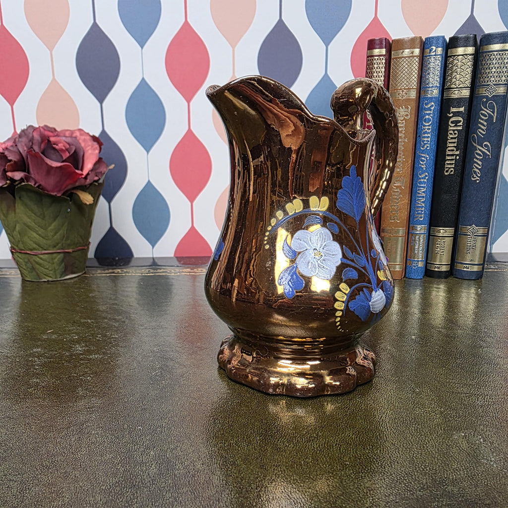 Copper Lustre Floral Pitcher Vintage Ceramic Jug Hand Painted Folk Art Cottage Decor Collectible