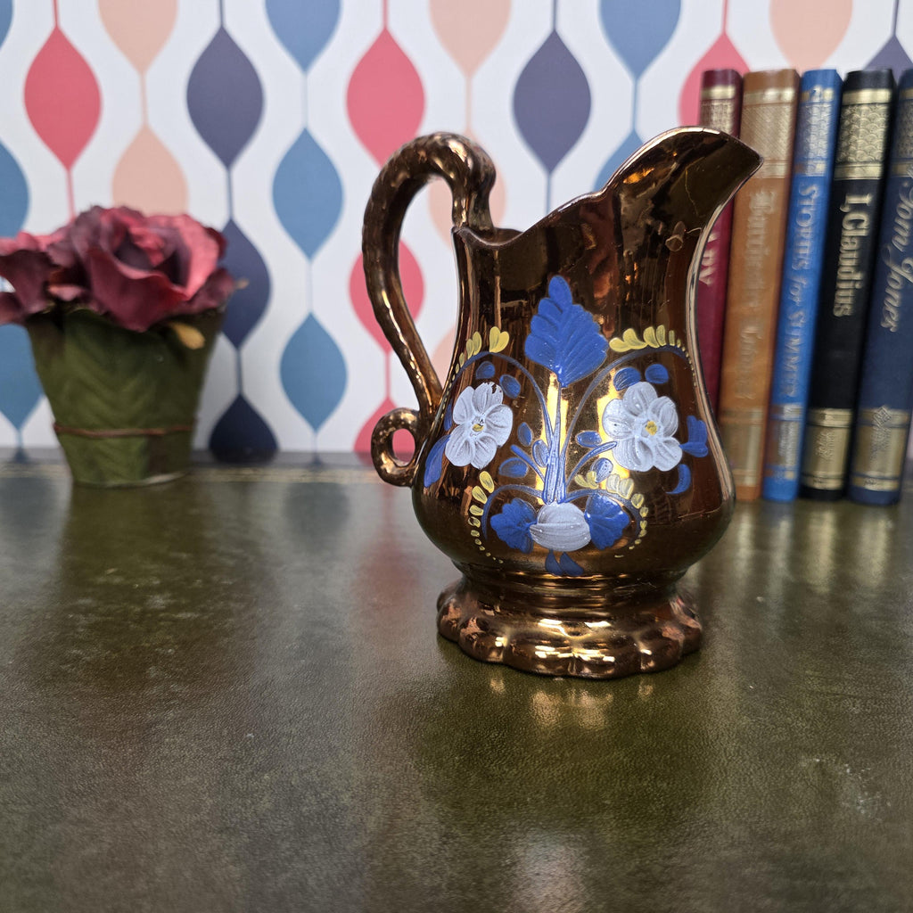 Copper Lustre Floral Pitcher Vintage Ceramic Jug Hand Painted Folk Art Cottage Decor Collectible