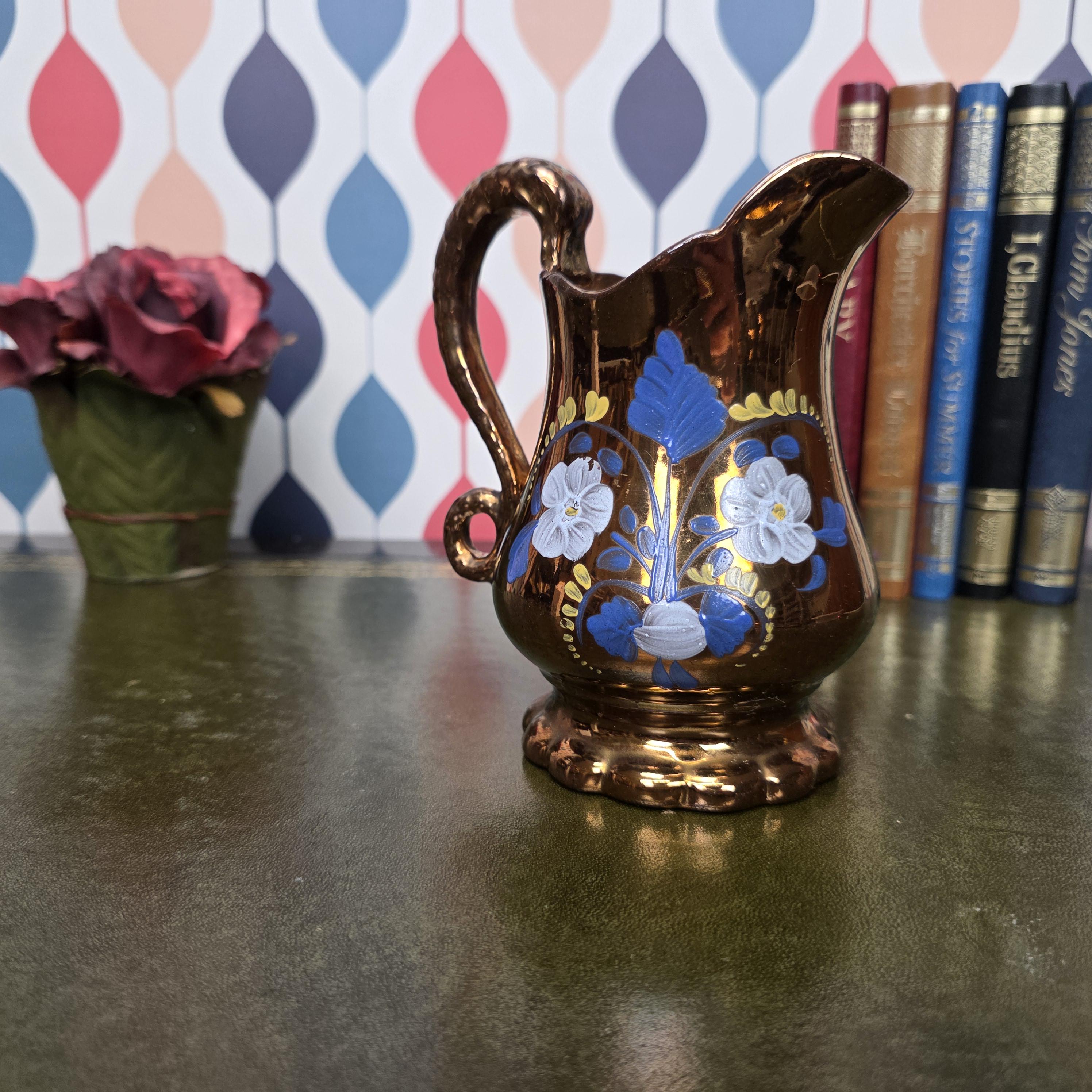 Copper Lustre Floral Pitcher Vintage Ceramic Jug Hand Painted Folk Art Cottage Decor Collectible