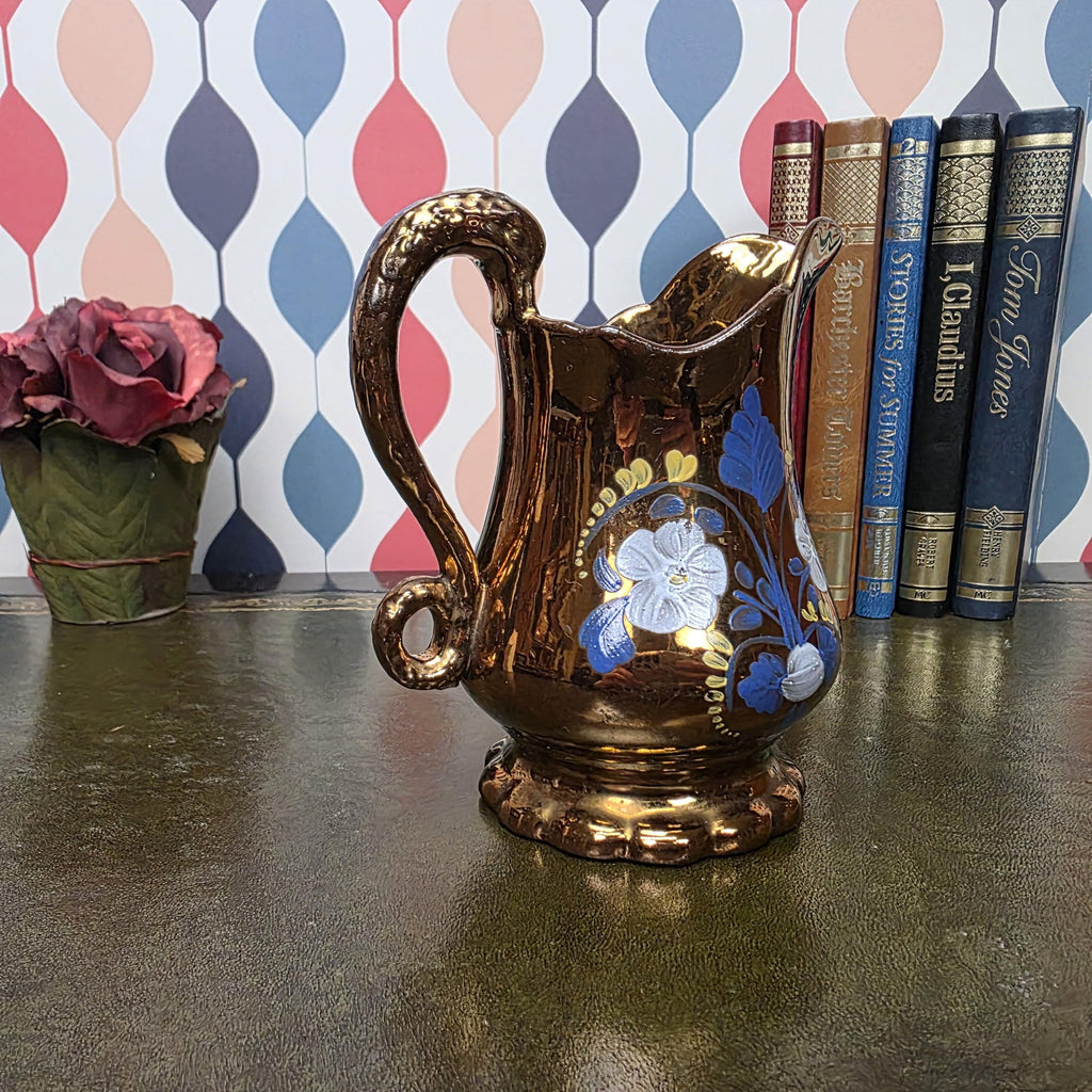 Copper Lustre Floral Pitcher Vintage Ceramic Jug Hand Painted Folk Art Cottage Decor Collectible