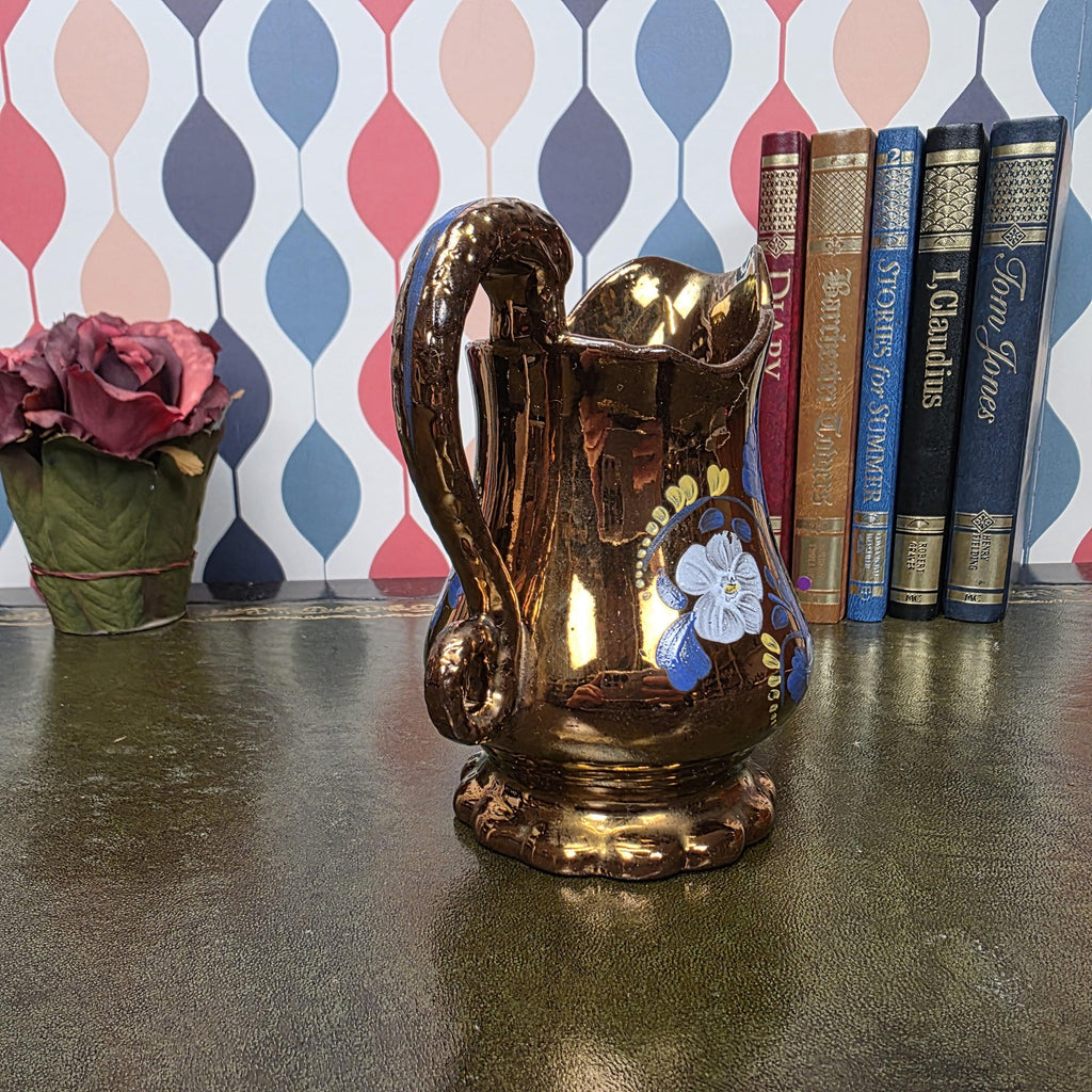Copper Lustre Floral Pitcher Vintage Ceramic Jug Hand Painted Folk Art Cottage Decor Collectible