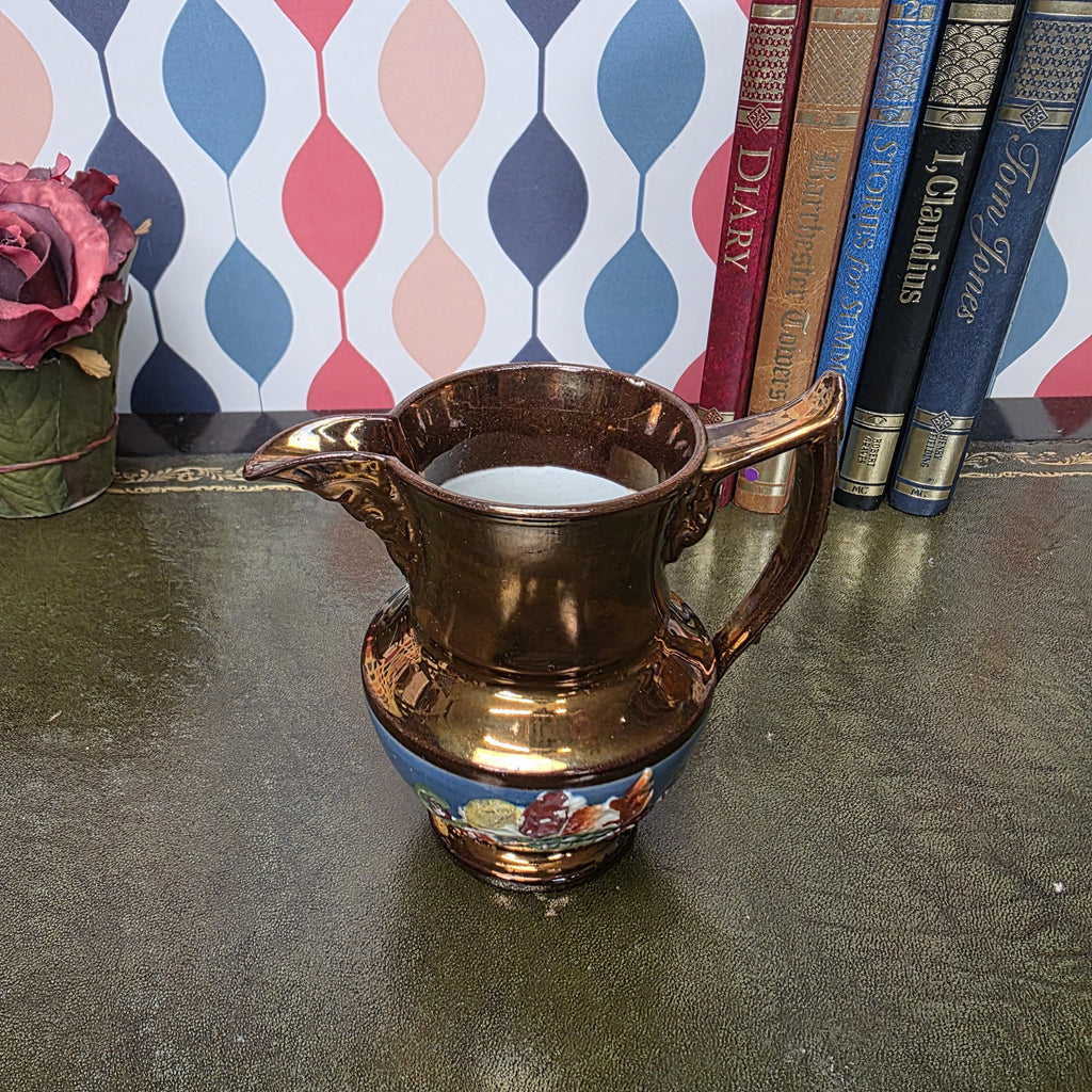 Copper Lustre Creamer Jug Vintage Ceramic Pitcher Relief Fruit Motif Embossed Farmhouse Decor Collectible