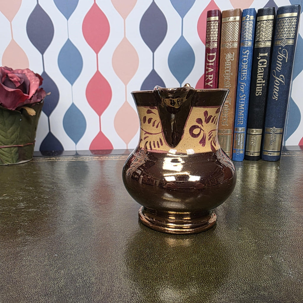 Allertons London England Copper Lustre Jug Vintage Ceramic Creamer Pitcher Brown Lustreware Floral Band