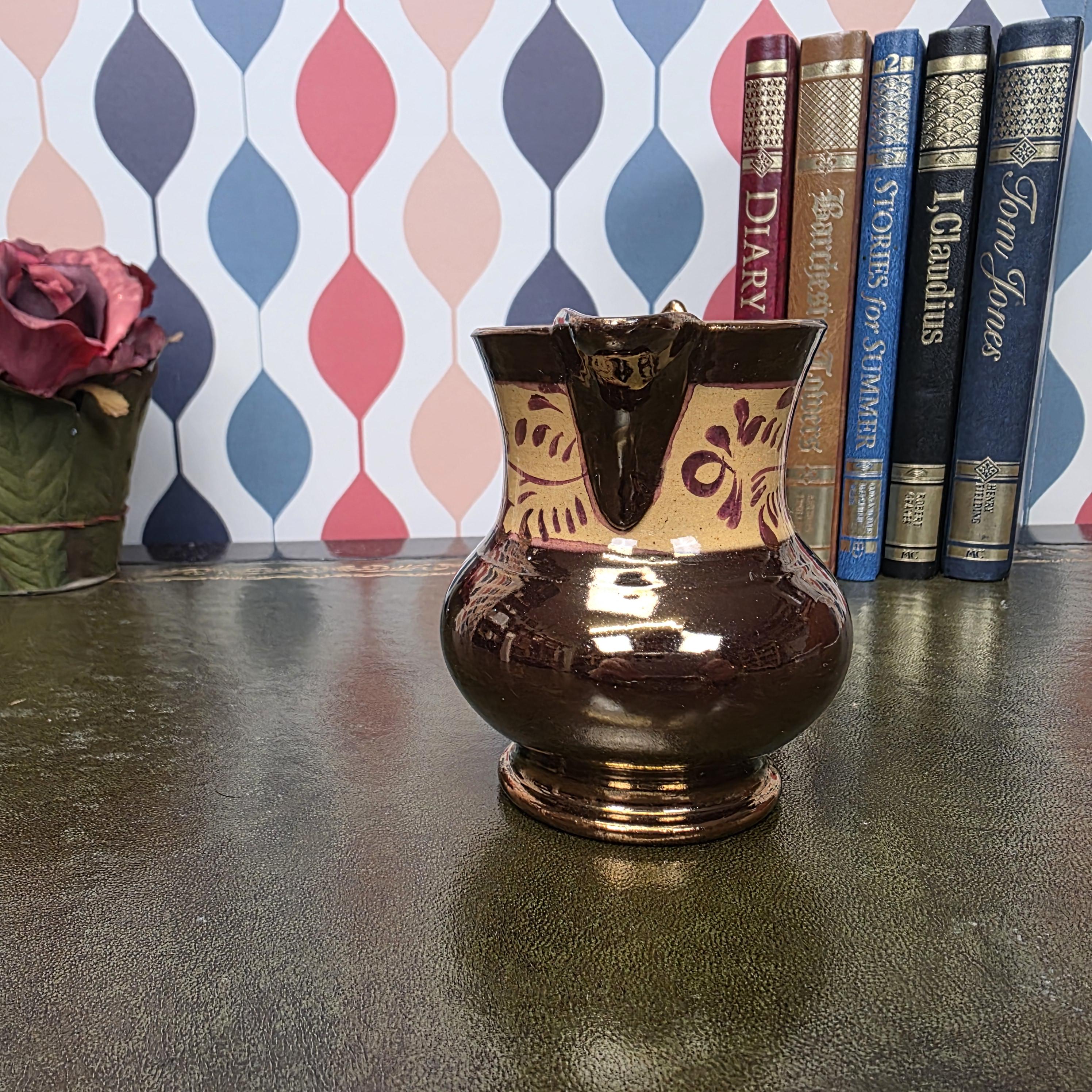 Allertons London England Copper Lustre Jug Vintage Ceramic Creamer Pitcher Brown Lustreware Floral Band