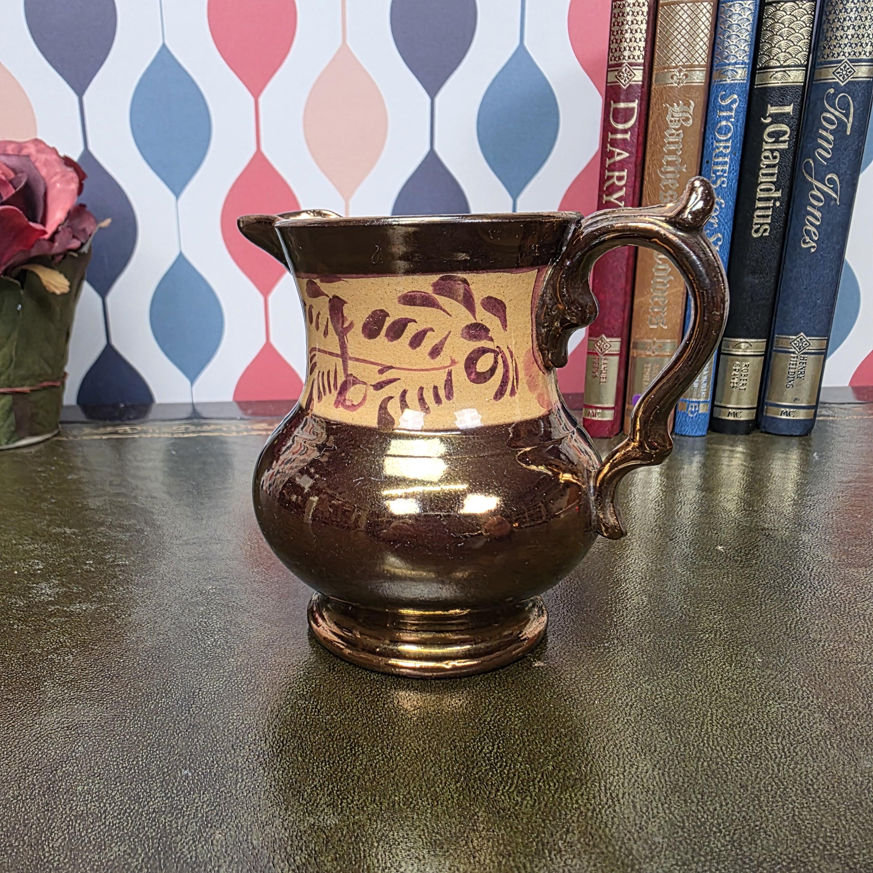 Allertons London England Copper Lustre Jug Vintage Ceramic Creamer Pitcher Brown Lustreware Floral Band