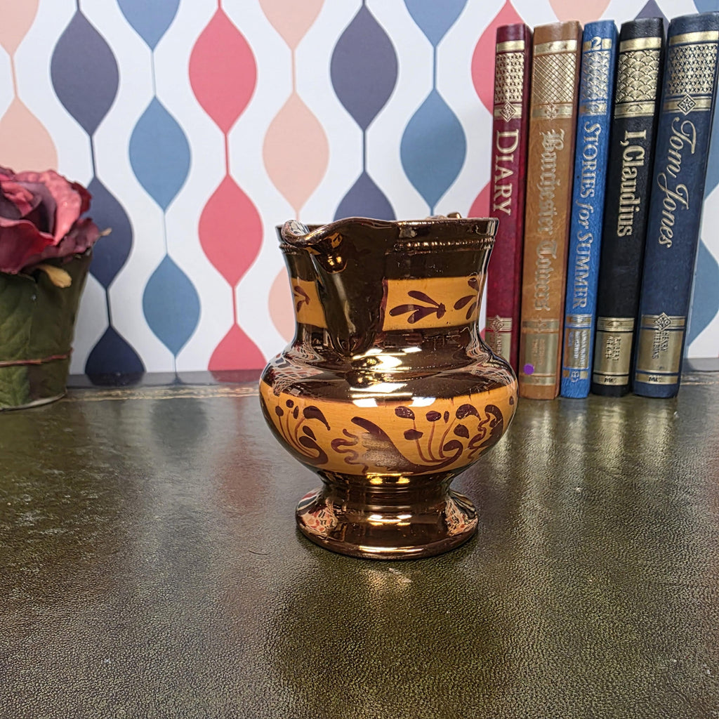 Vintage Copper Lustre Jug Ceramic Creamer Pitcher Brown Lustreware Floral Pattern English Style Cottage