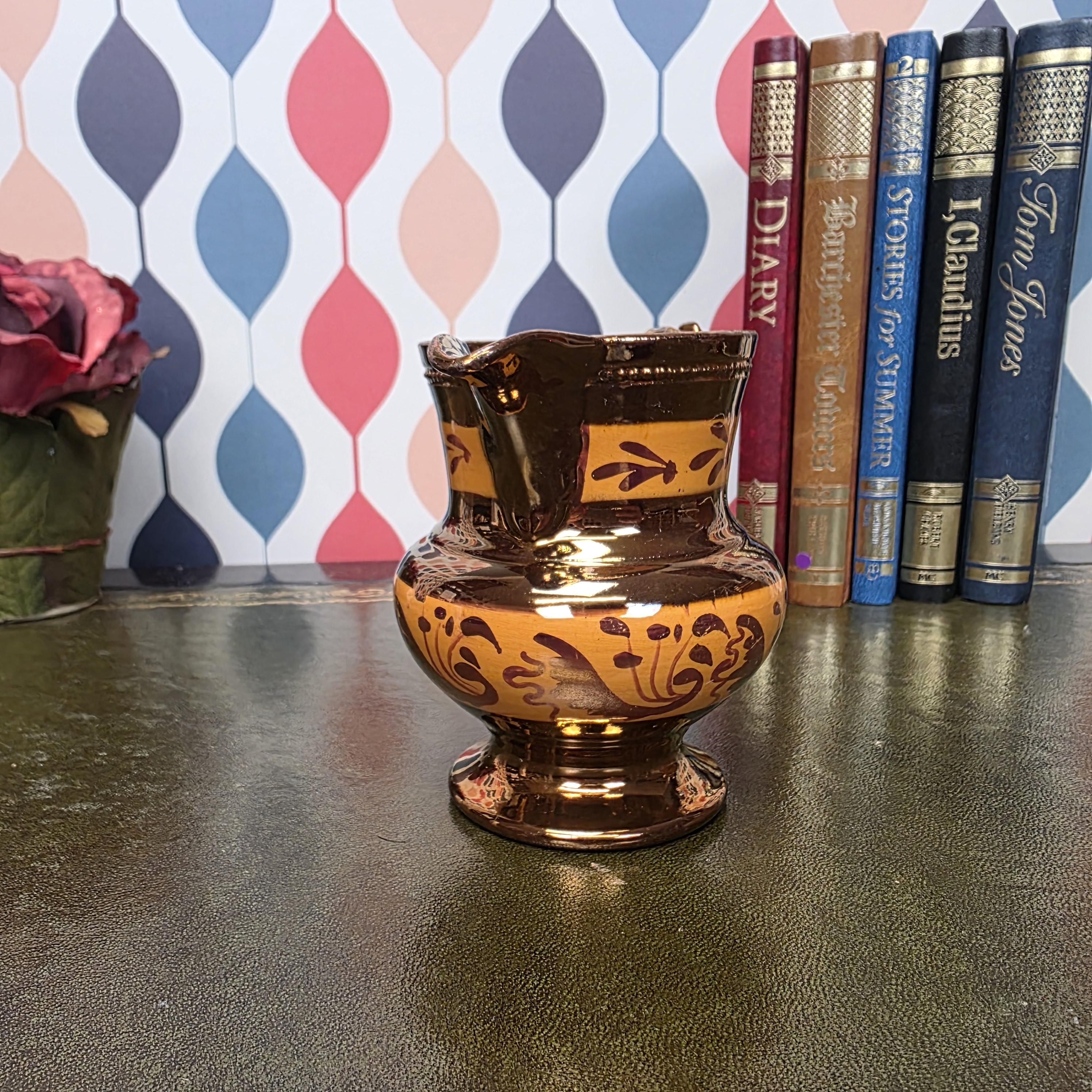 Vintage Copper Lustre Jug Ceramic Creamer Pitcher Brown Lustreware Floral Pattern English Style Cottage