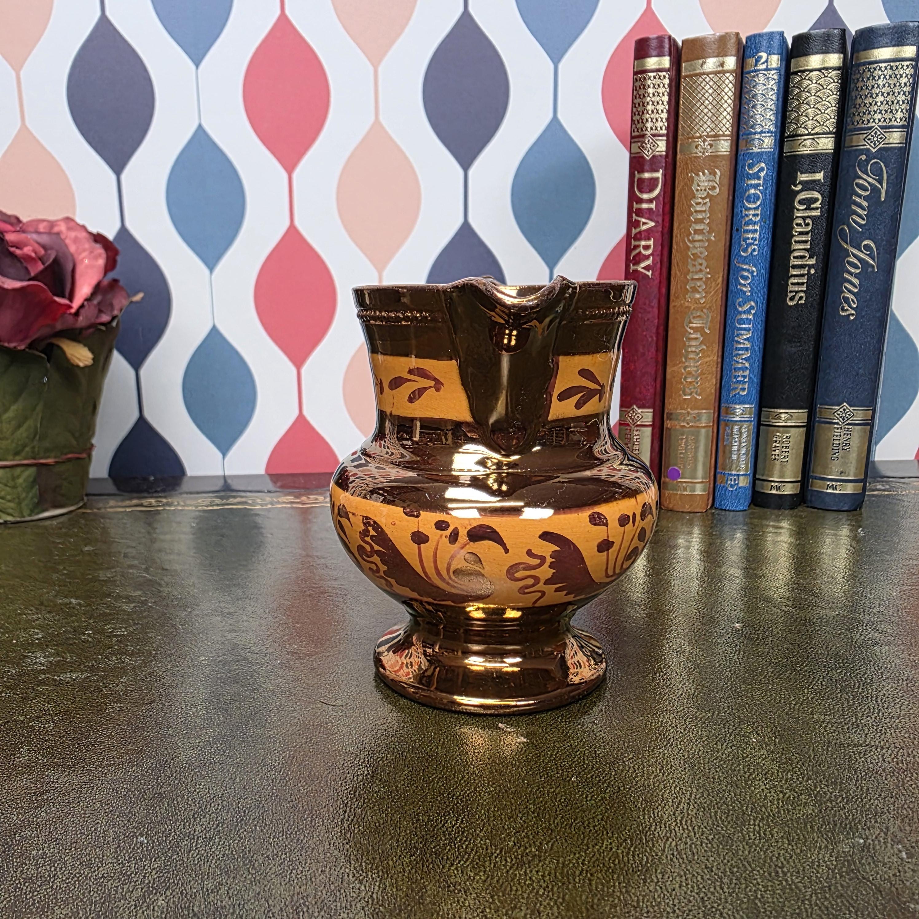 Vintage Copper Lustre Jug Ceramic Creamer Pitcher Brown Lustreware Floral Pattern English Style Cottage