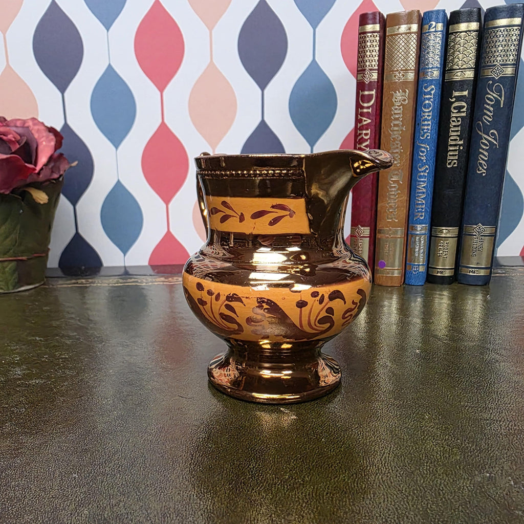 Vintage Copper Lustre Jug Ceramic Creamer Pitcher Brown Lustreware Floral Pattern English Style Cottage