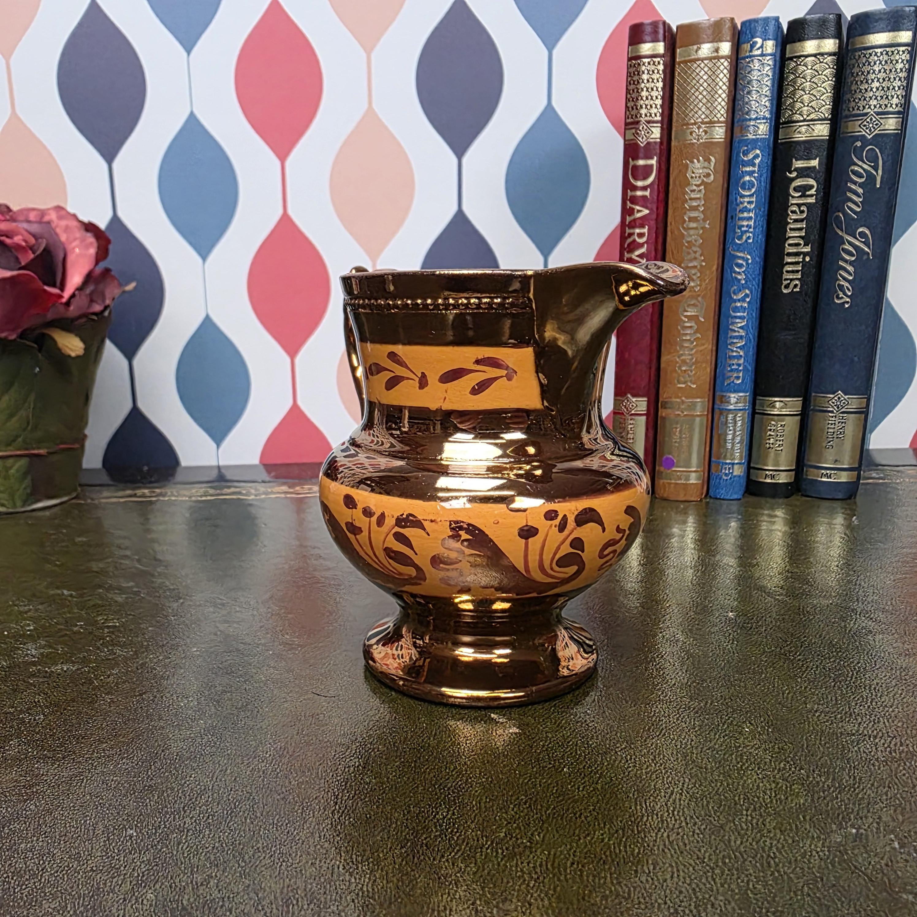 Vintage Copper Lustre Jug Ceramic Creamer Pitcher Brown Lustreware Floral Pattern English Style Cottage
