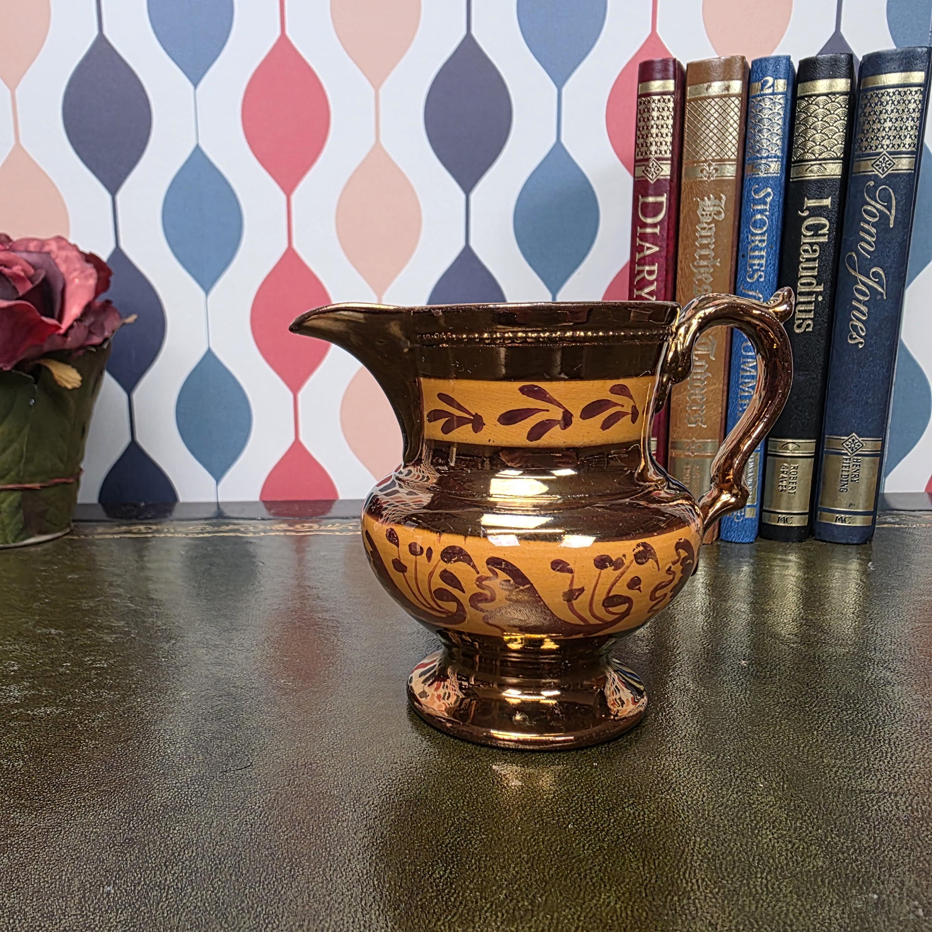 Vintage Copper Lustre Jug Ceramic Creamer Pitcher Brown Lustreware Floral Pattern English Style Cottage