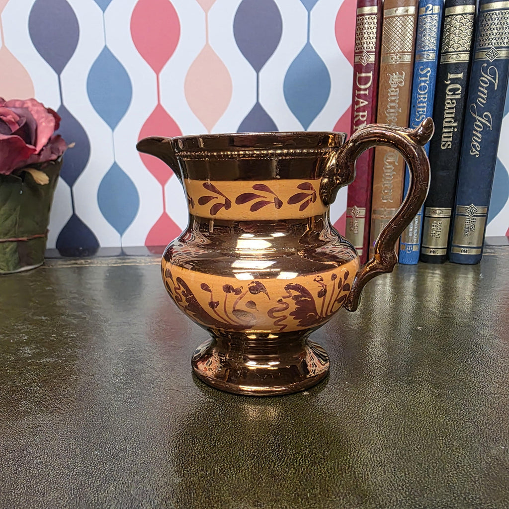 Vintage Copper Lustre Jug Ceramic Creamer Pitcher Brown Lustreware Floral Pattern English Style Cottage