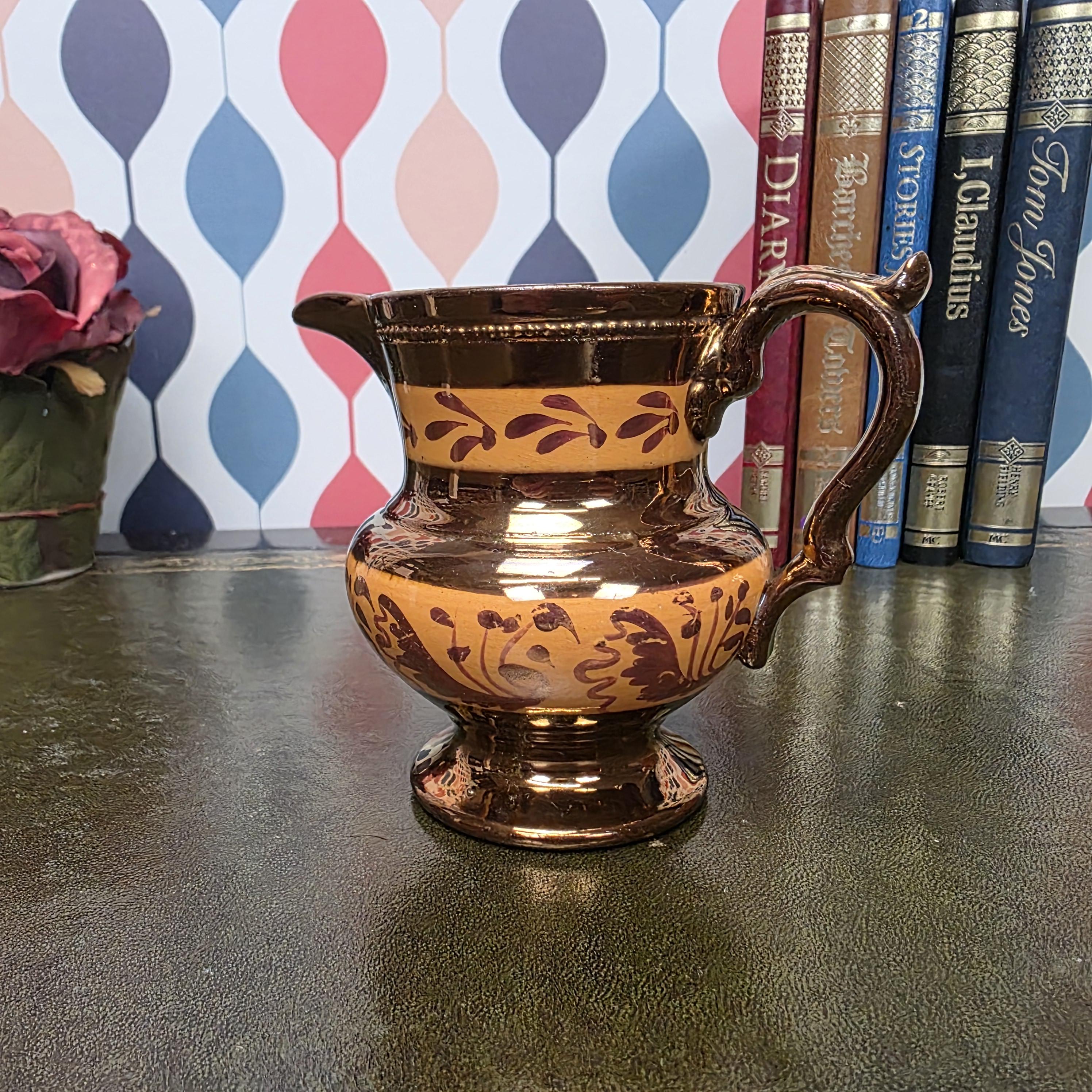 Vintage Copper Lustre Jug Ceramic Creamer Pitcher Brown Lustreware Floral Pattern English Style Cottage