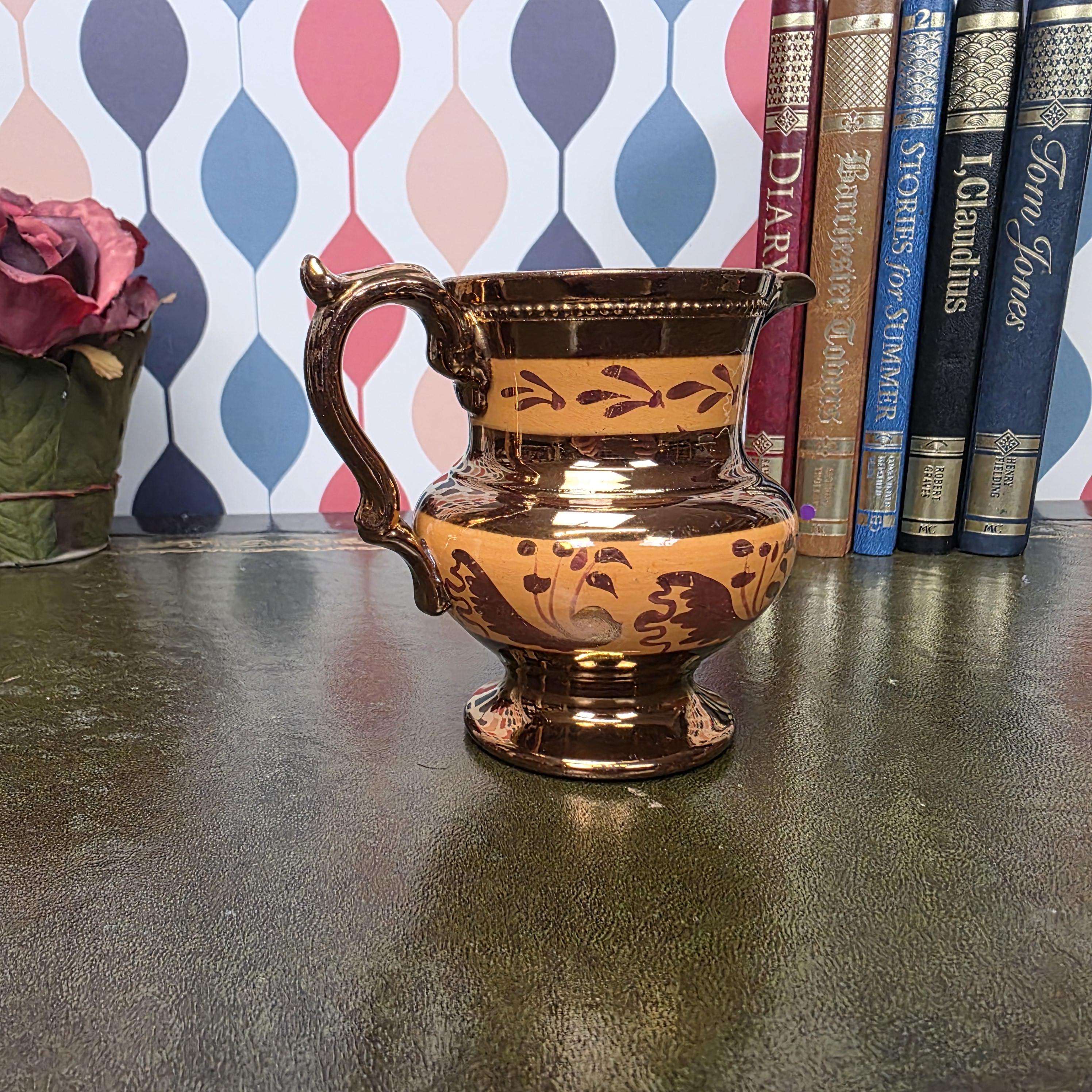Vintage Copper Lustre Jug Ceramic Creamer Pitcher Brown Lustreware Floral Pattern English Style Cottage